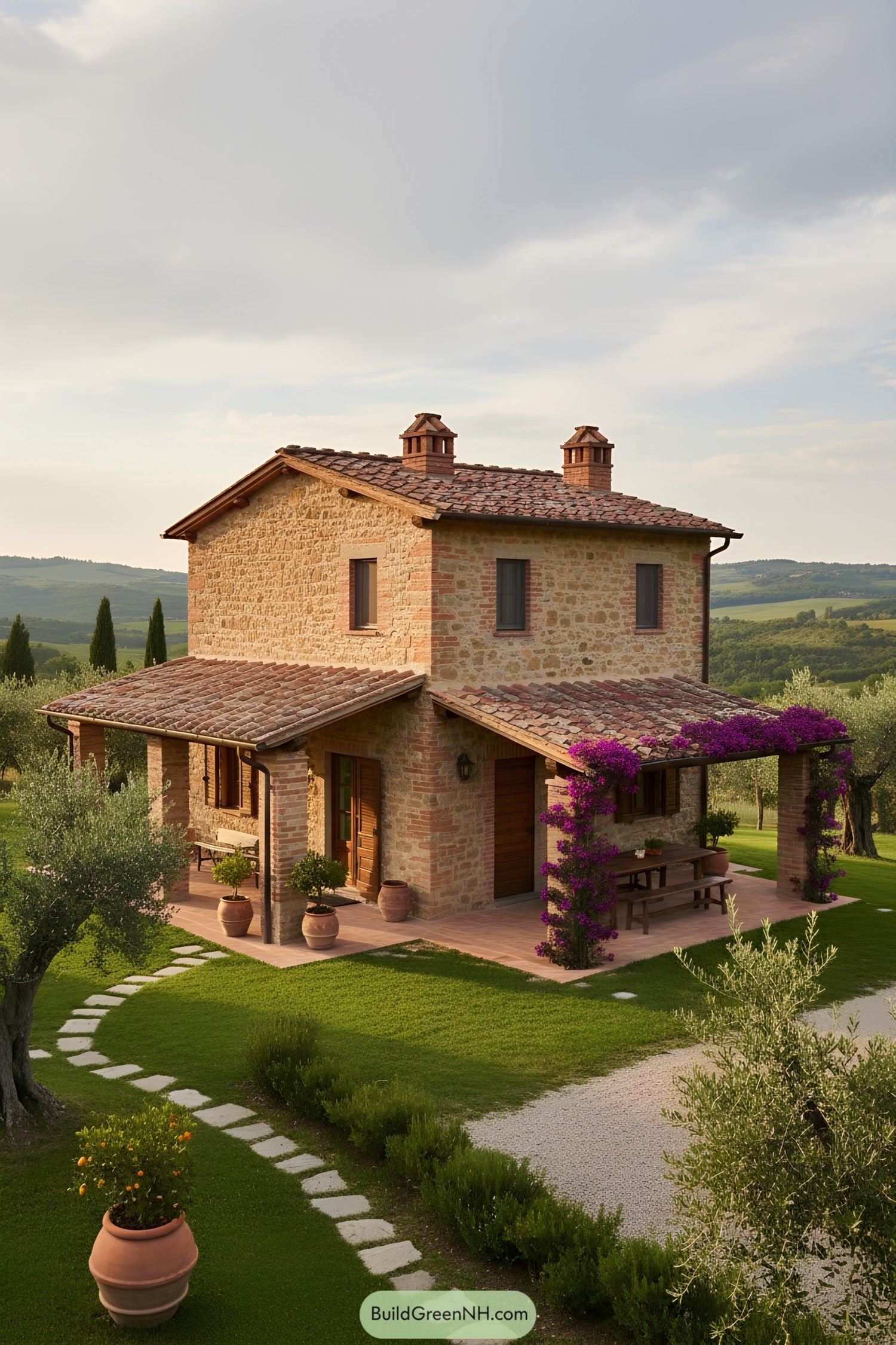 Two-story stone cottage with terracotta roof, wraparound porch, and bougainvillea-draped pergola amid rolling countryside