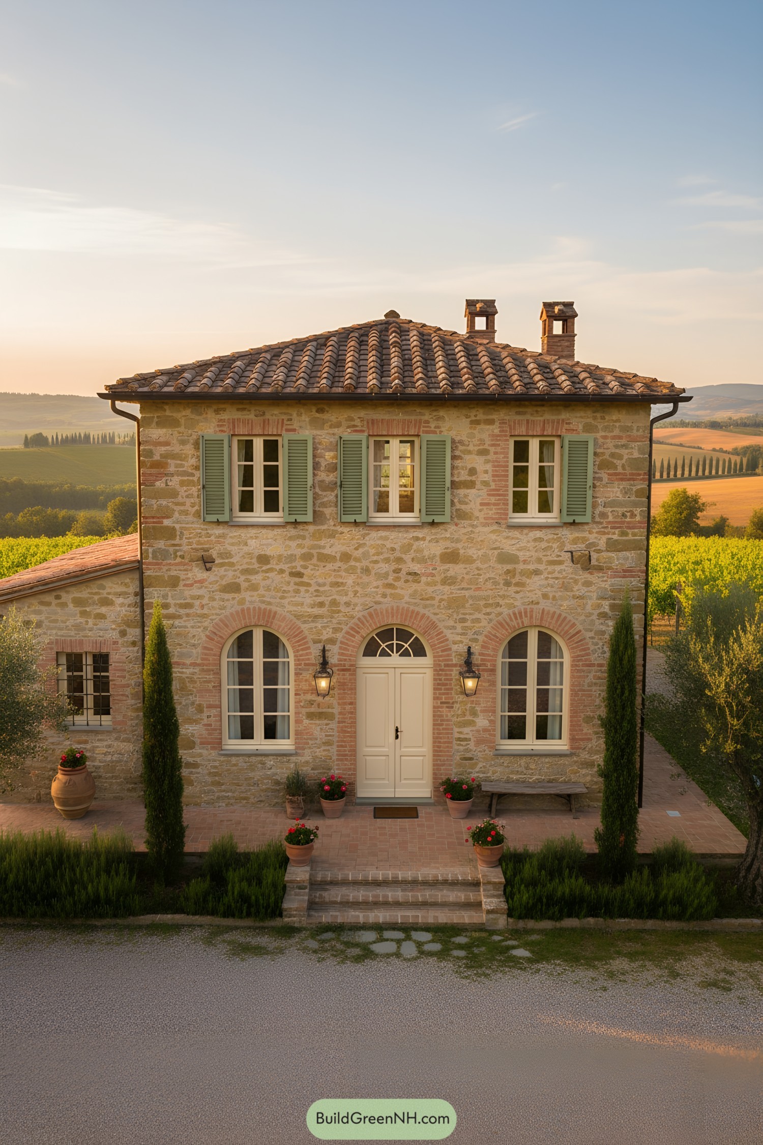Two-story stone cottage with arched windows, pale green shutters, and terracotta roof amid rolling fields