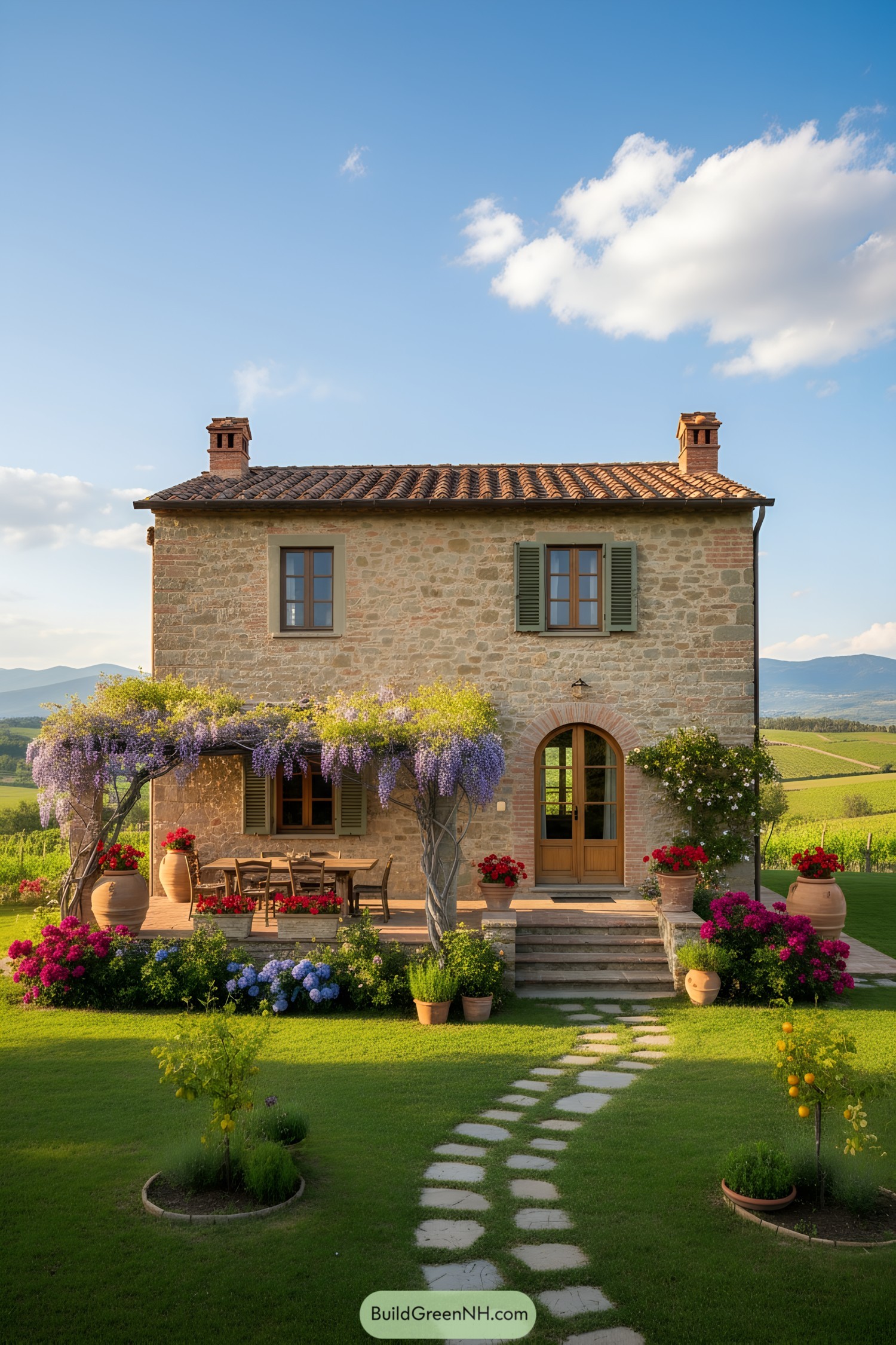 Stone cottage with wisteria-draped pergola and terracotta roof