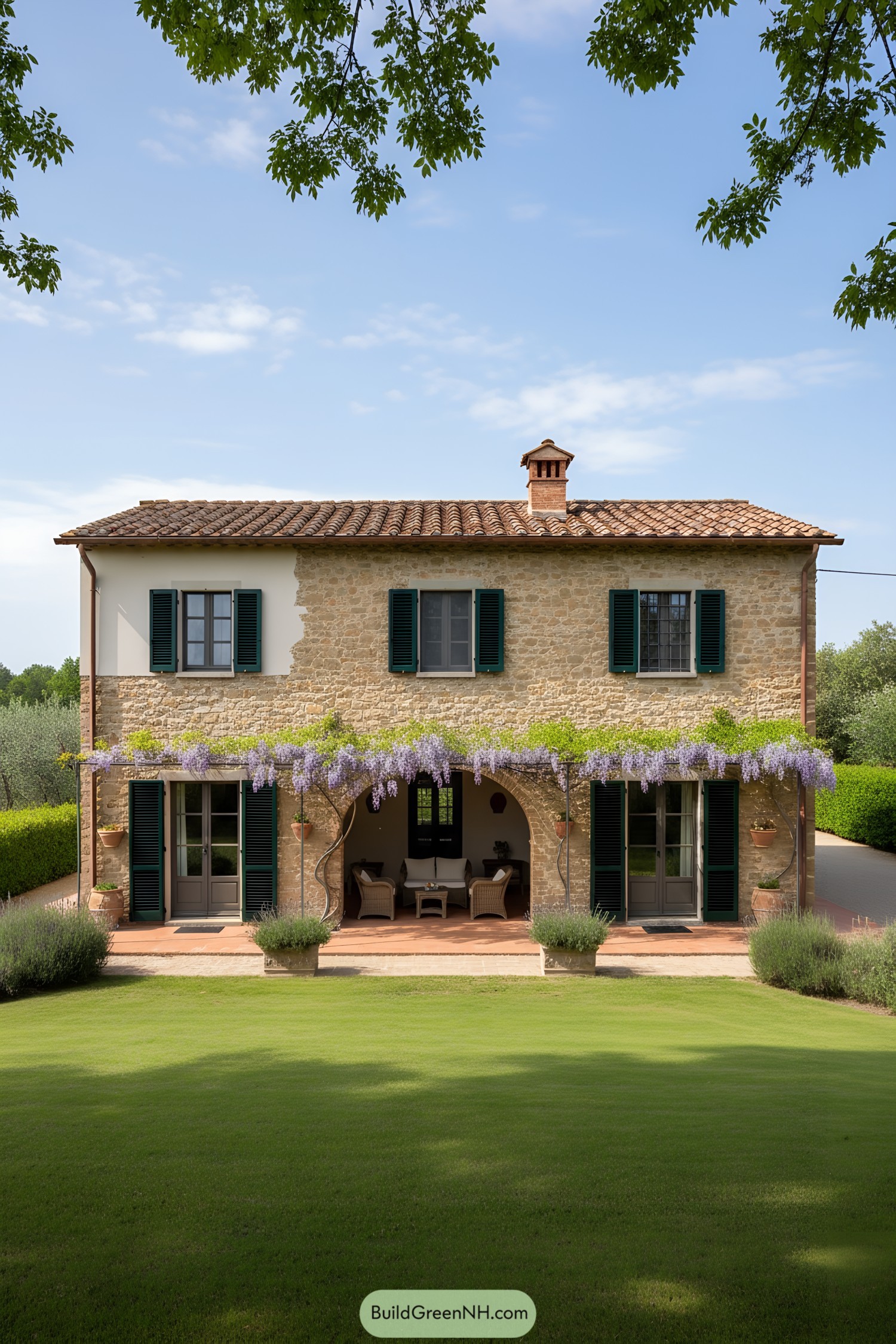 Stone cottage with green shutters and wisteria-draped arches