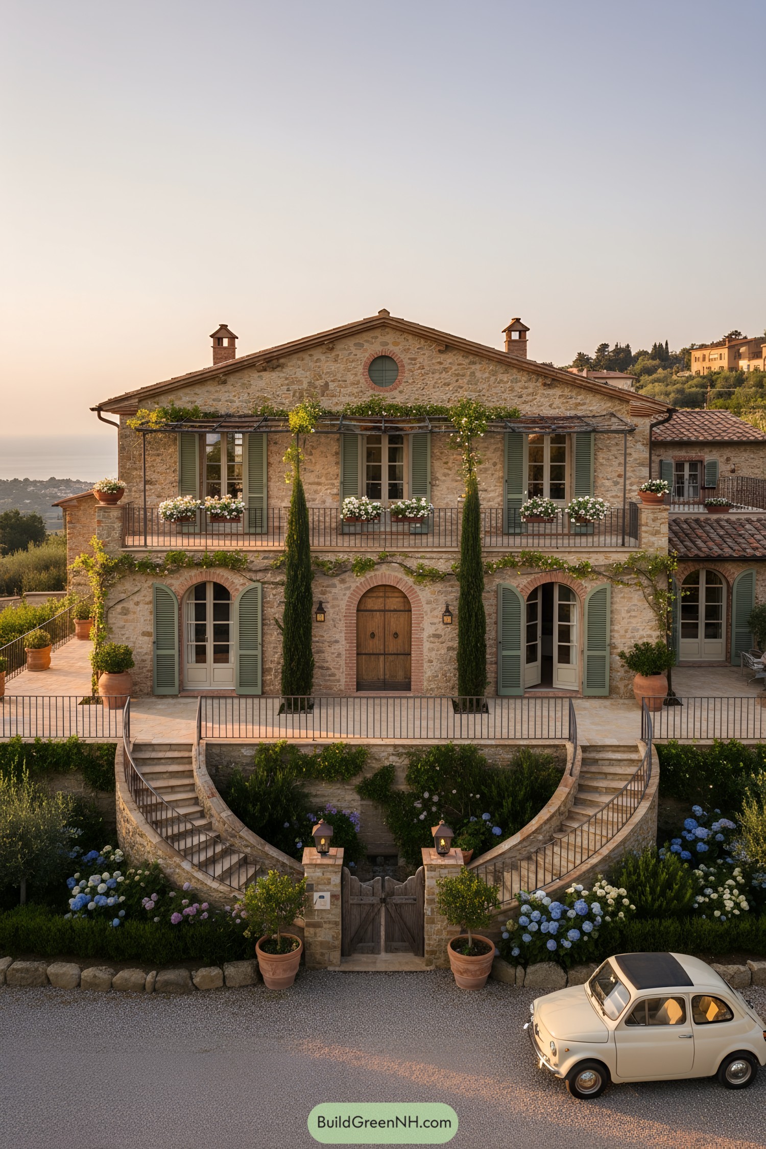 Two-story stone Italian cottage with sage shutters, twin curving staircases, and vine-draped balcony at golden hour
