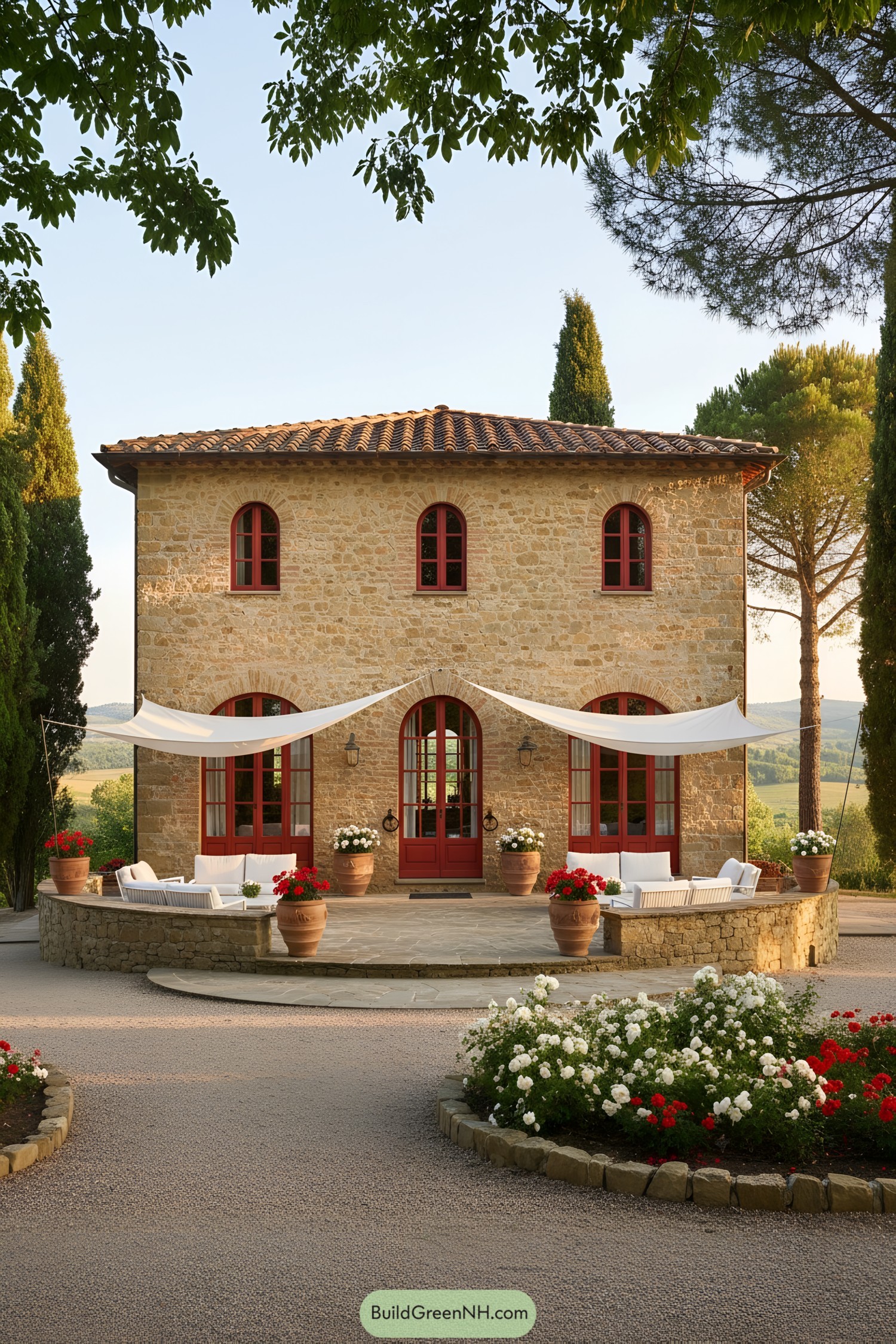 Stone cottage with red arches and patio canopies