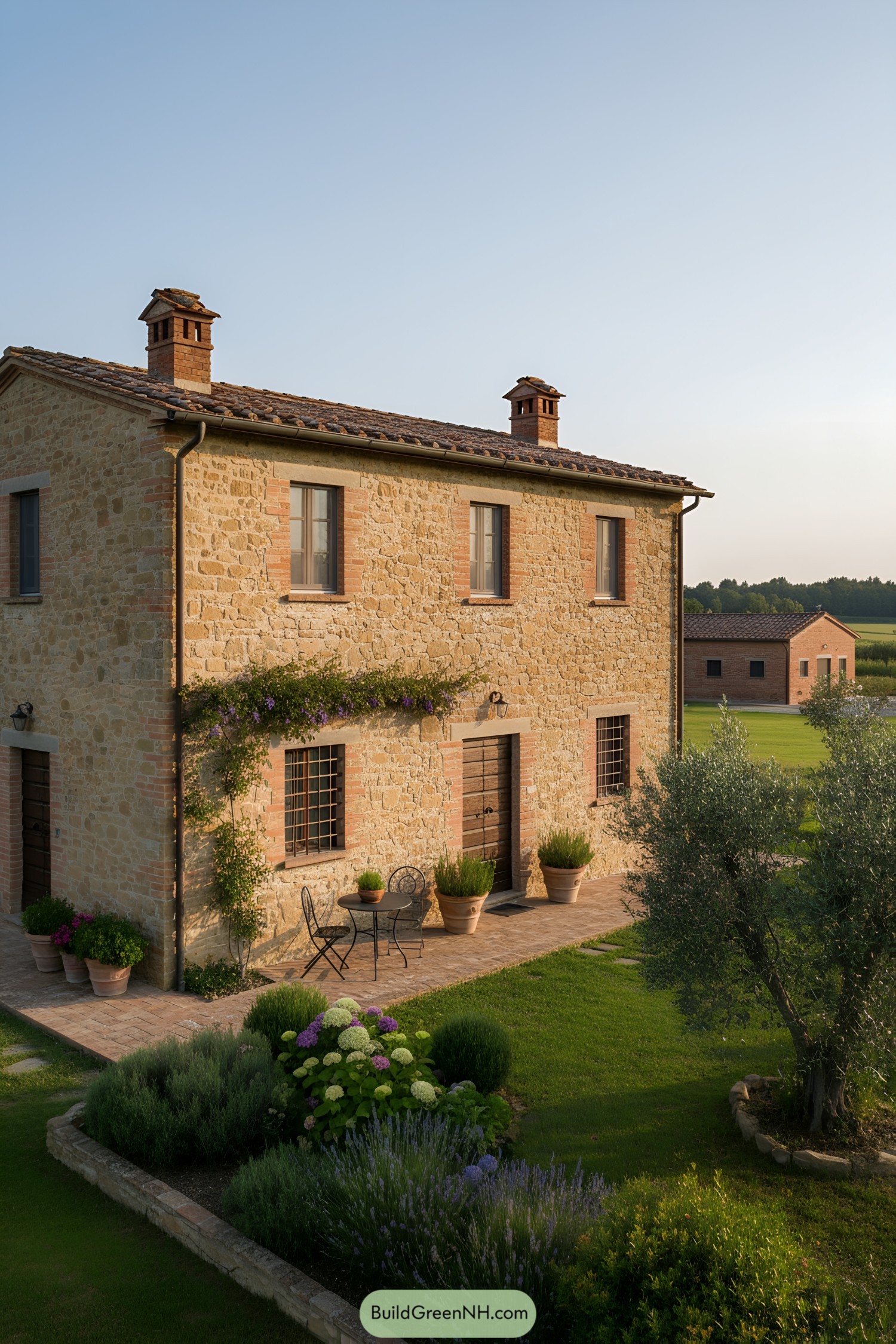 Two-story stone cottage with brick trim, terracotta roof, and small patio set in a lush garden