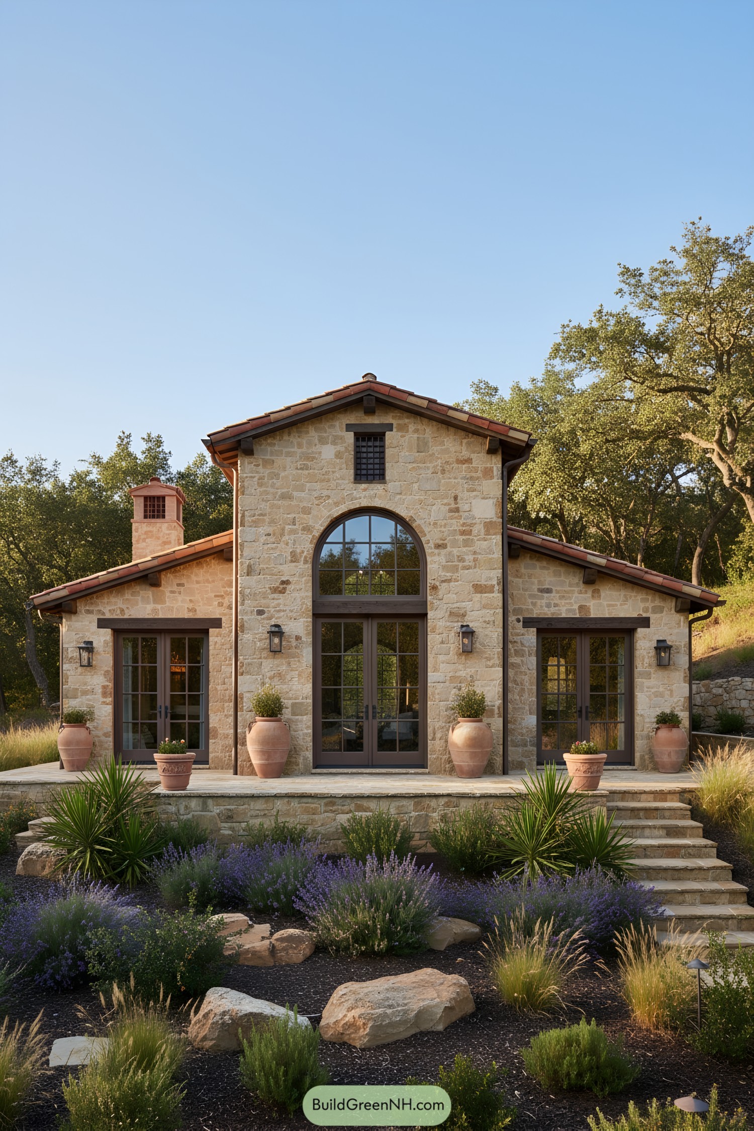 Stone cottage with arched doorway and terracotta roof