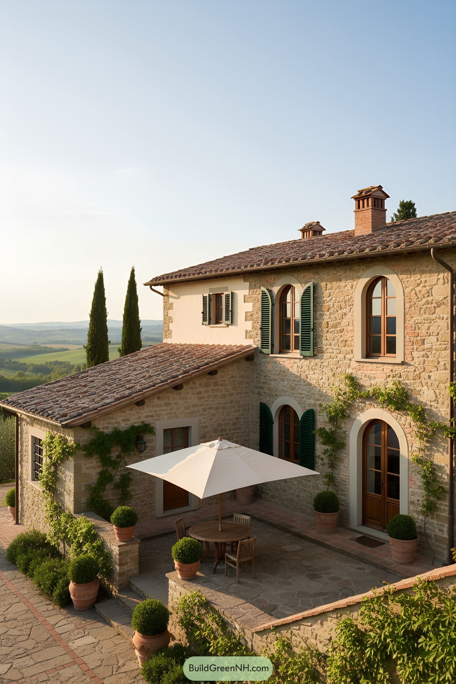 Rustic Italian cottage courtyard with vines and terracotta