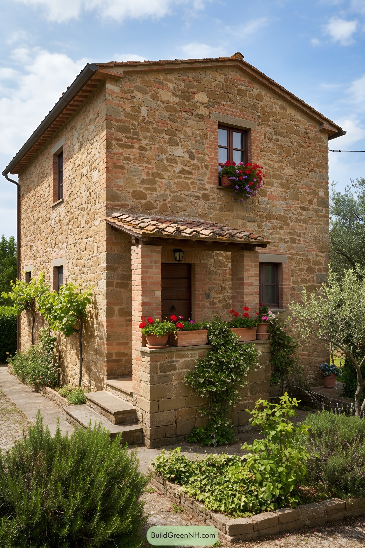 Stone Italian cottage with brick accents and flowered porch