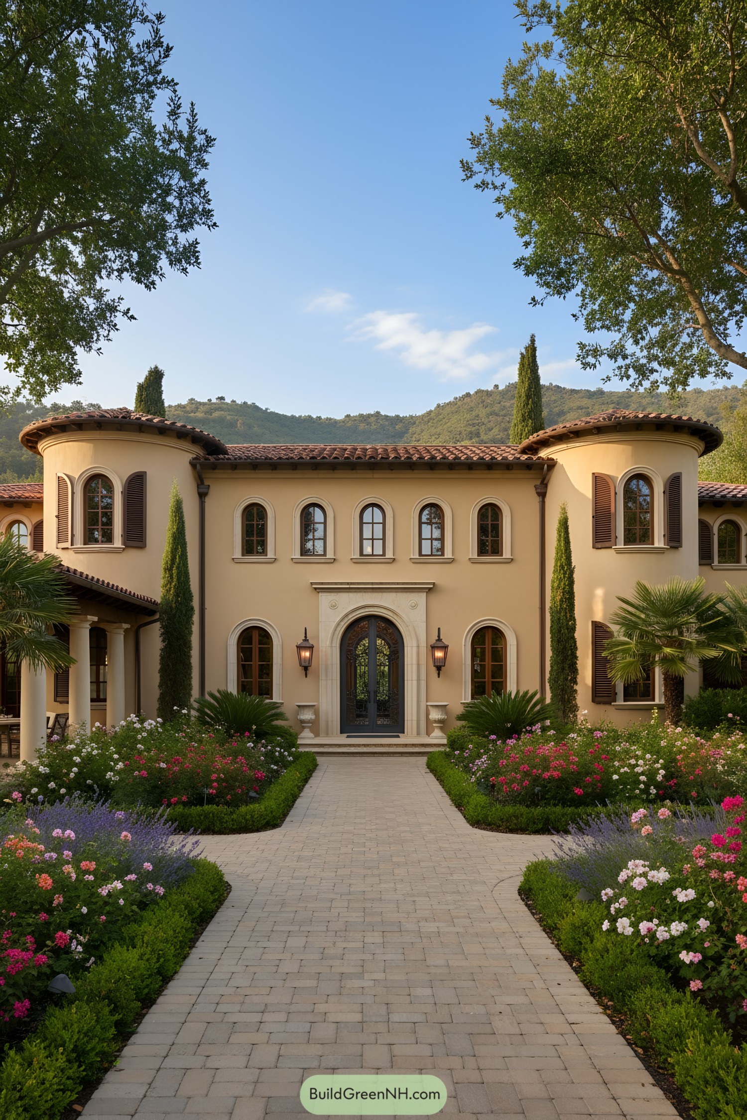 Elegant Mediterranean villa with lush garden path