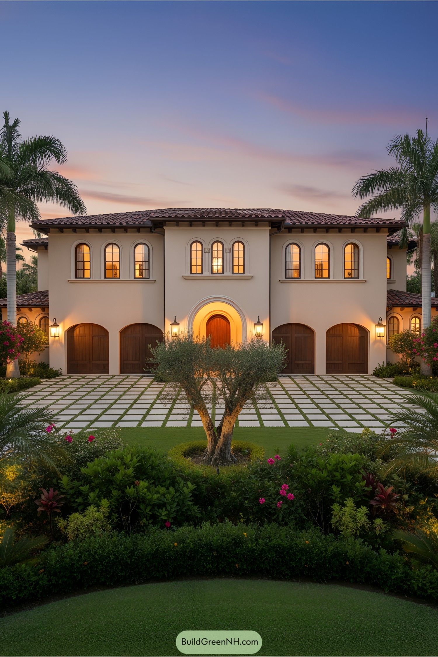 Elegant Italian villa framed by palm trees under a twilight sky