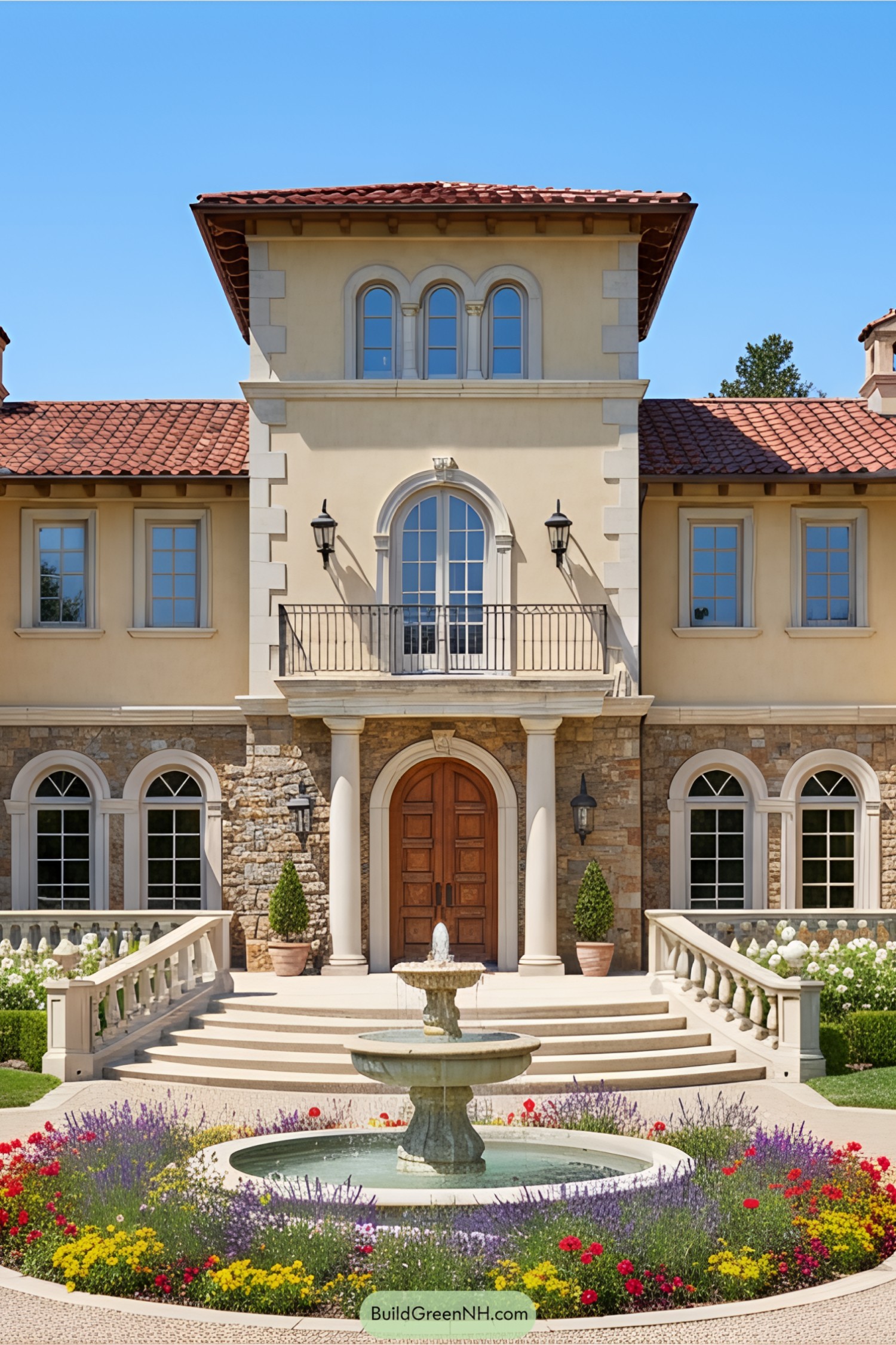 A charming Italian villa with a central fountain and colorful garden
