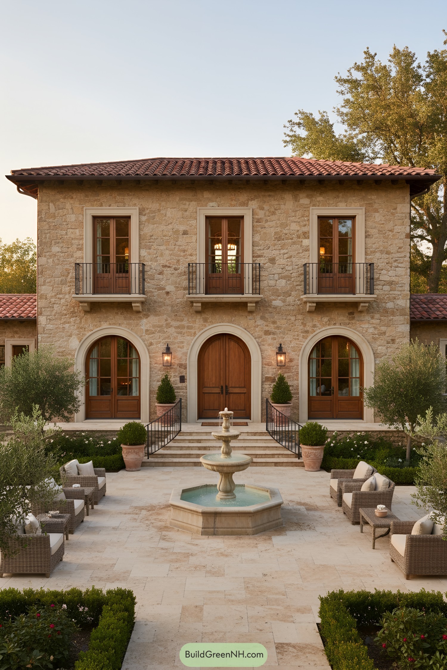 Stone Italian-style house with terracotta roof and central fountain