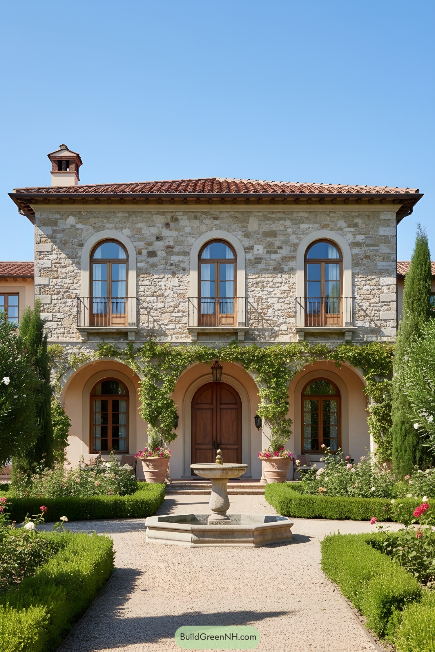Italian villa with stone facade and lush greenery