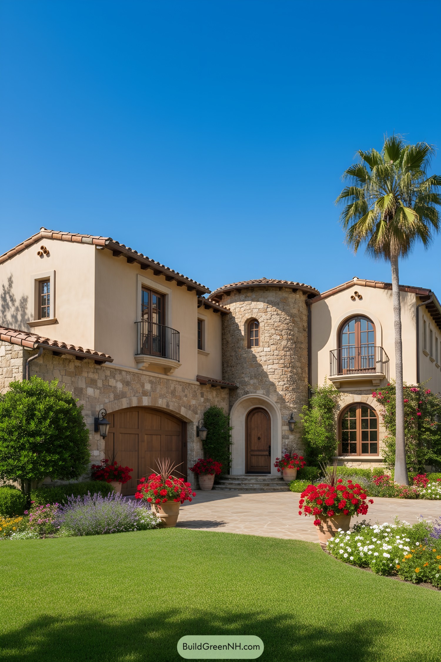 Italian Mediterranean style house with lush garden and palm tree
