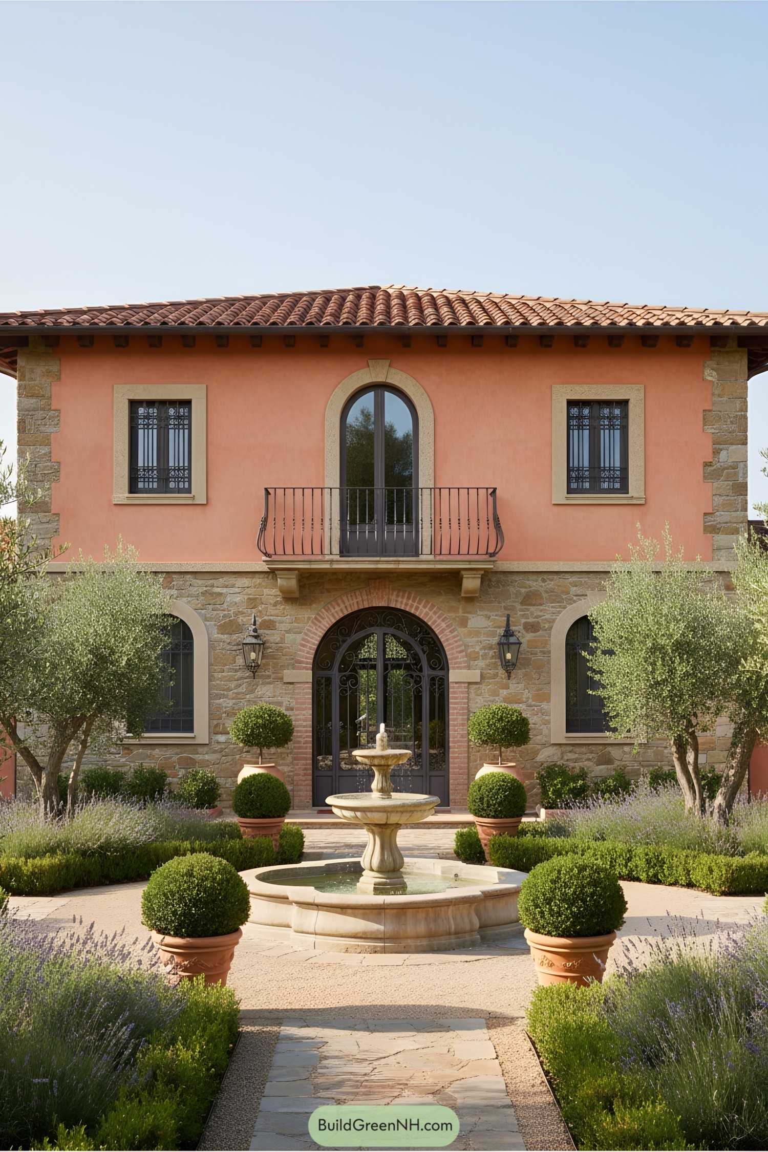 Elegant Italian villa with central fountain and lush greenery