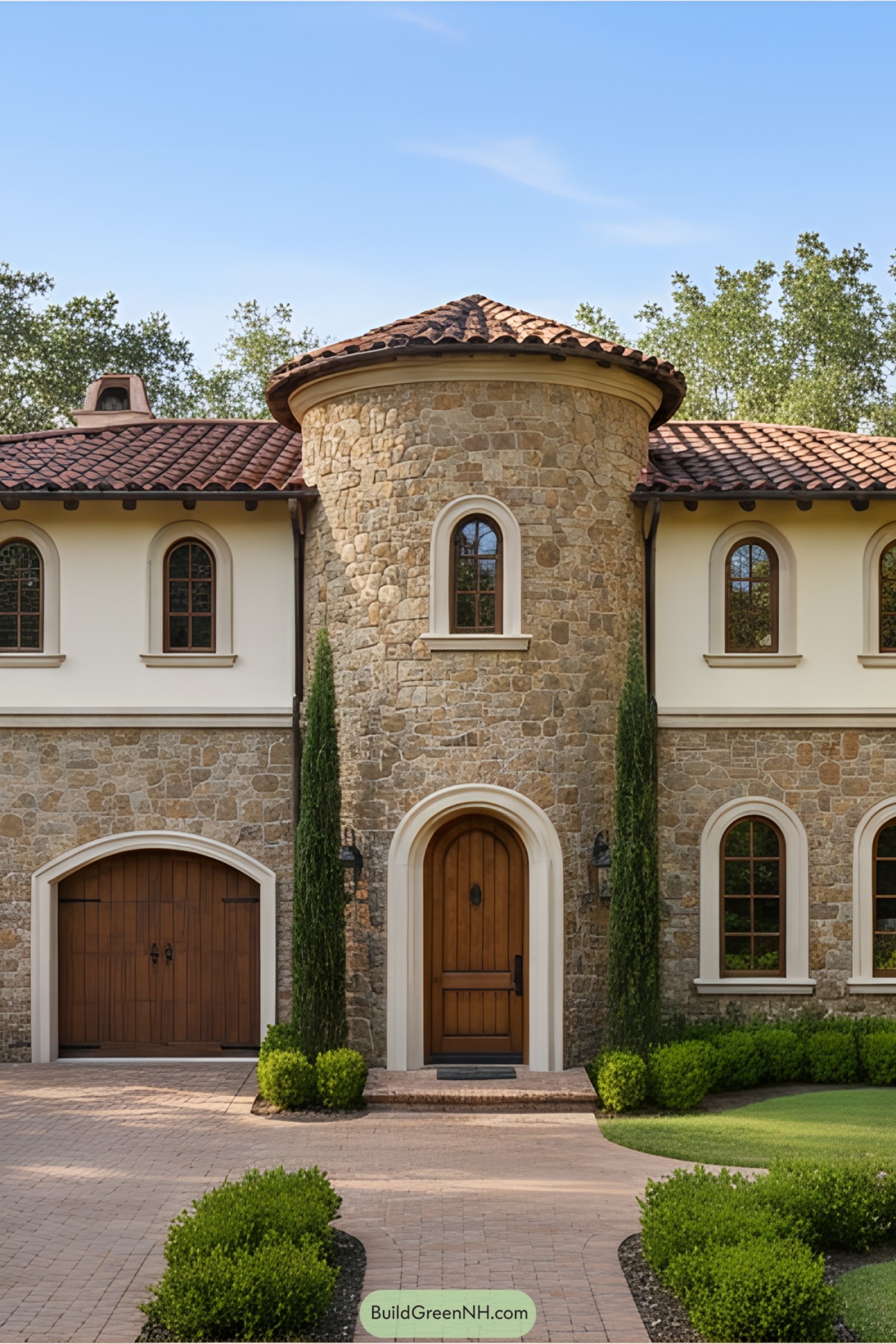 Stone facade with arched windows and terracotta roof