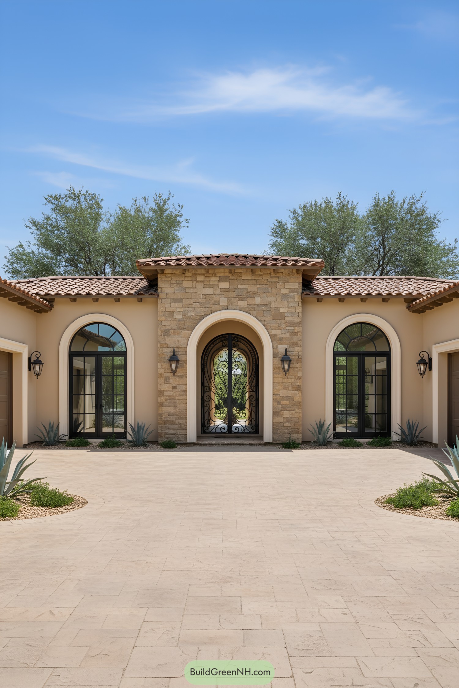 Elegant villa with stone facades and arched windows
