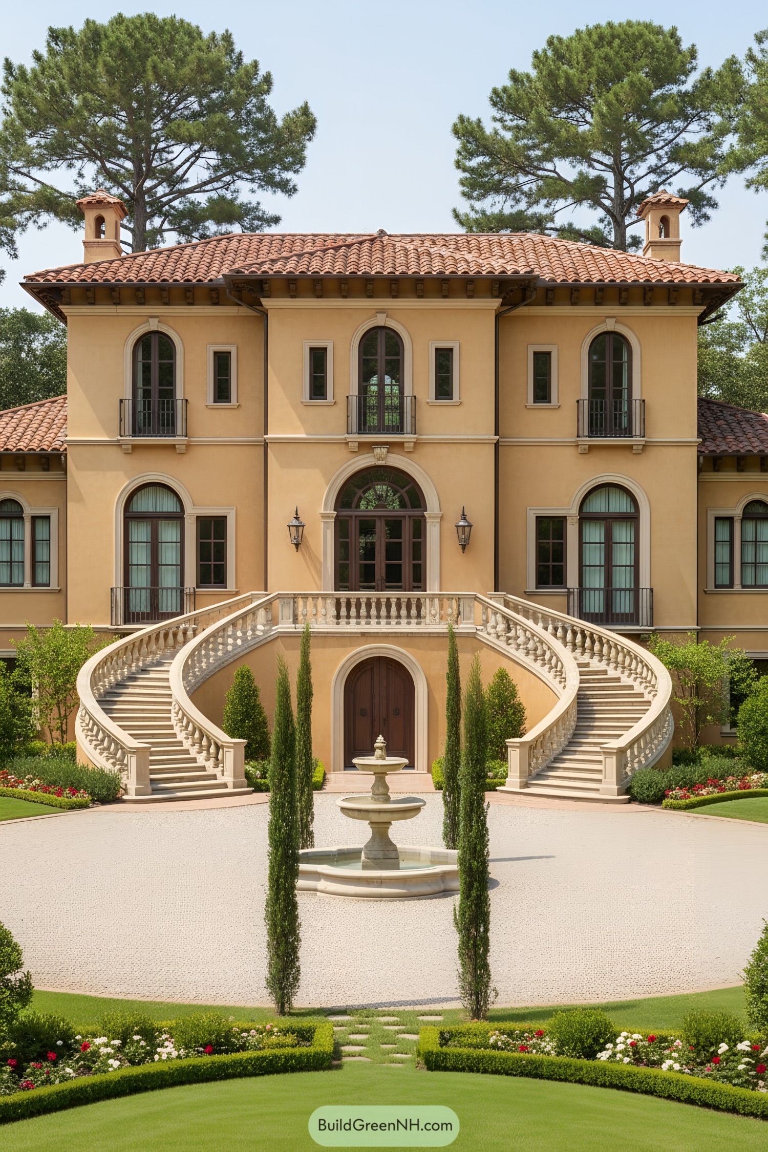 Italian villa with grand staircase and lush garden