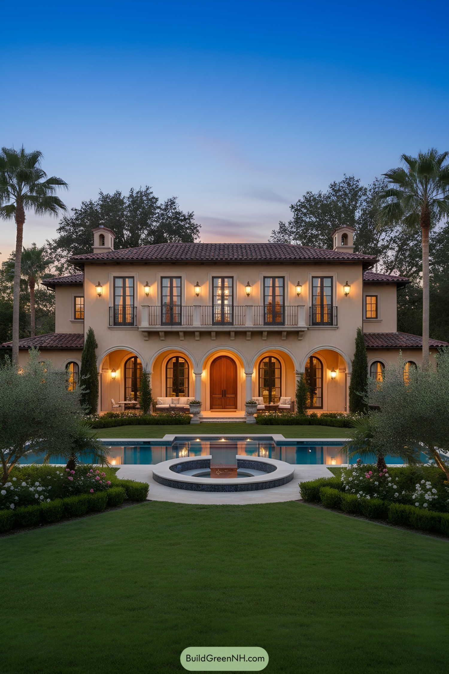 Italian villa with pool and garden at sunset