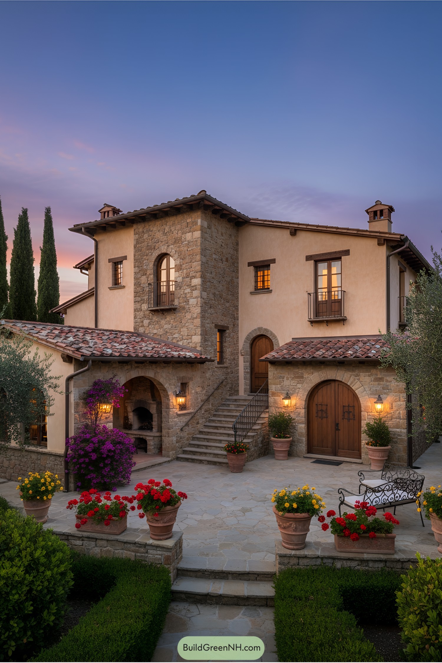 Charming Italian villa with stone facade at dusk
