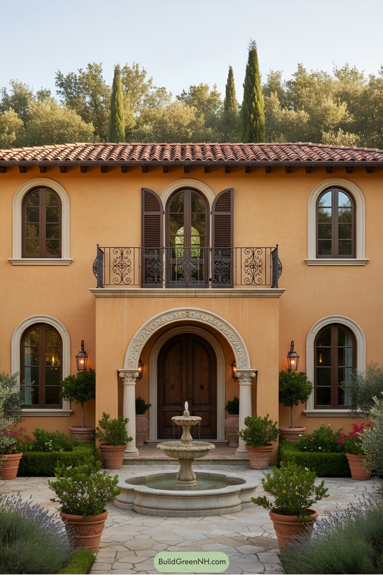 Quaint Italian villa with arched windows and a central fountain