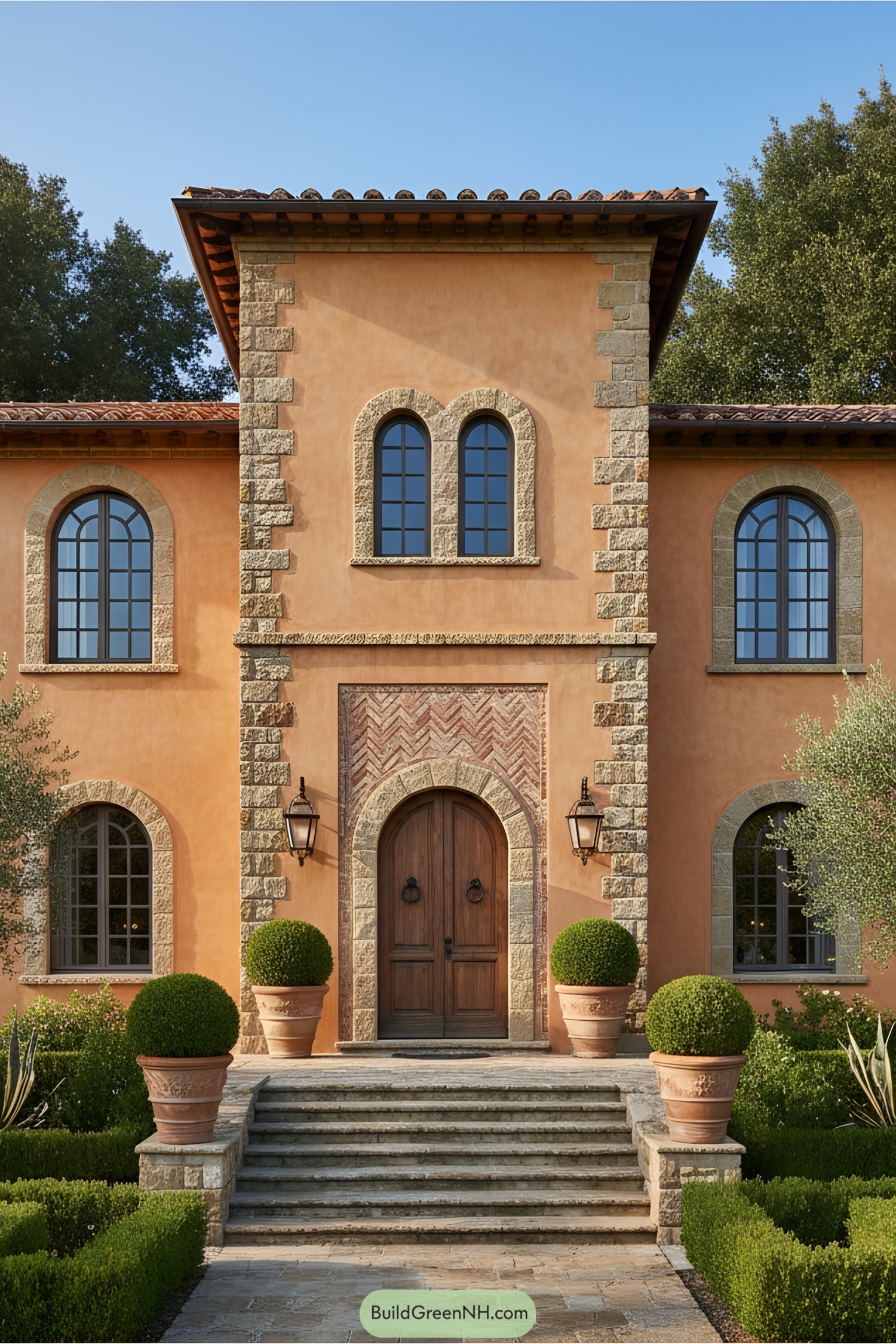 Italian villa with stone accents and arched windows