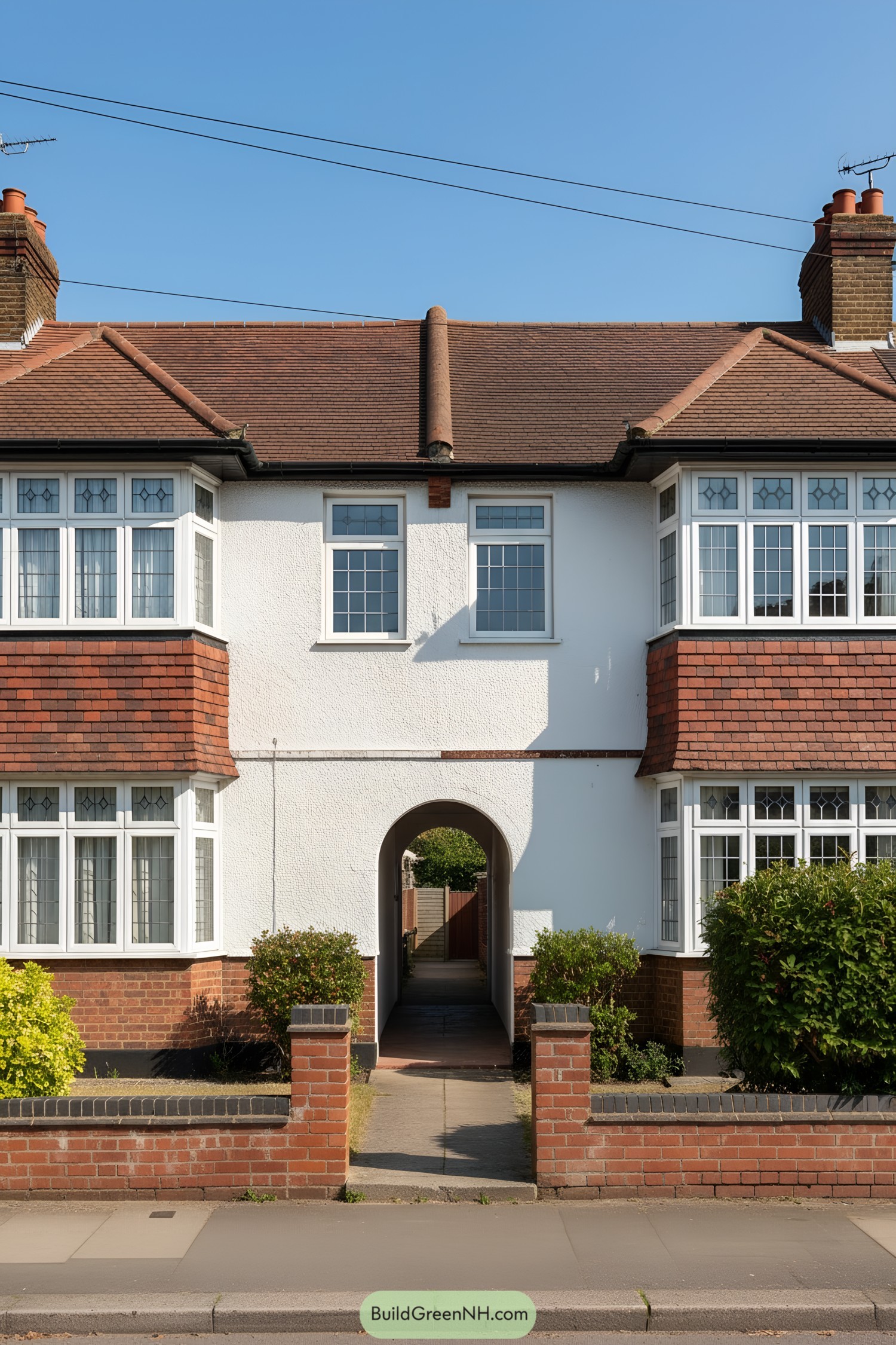 White-rendered semi with arched passage and red tile roof