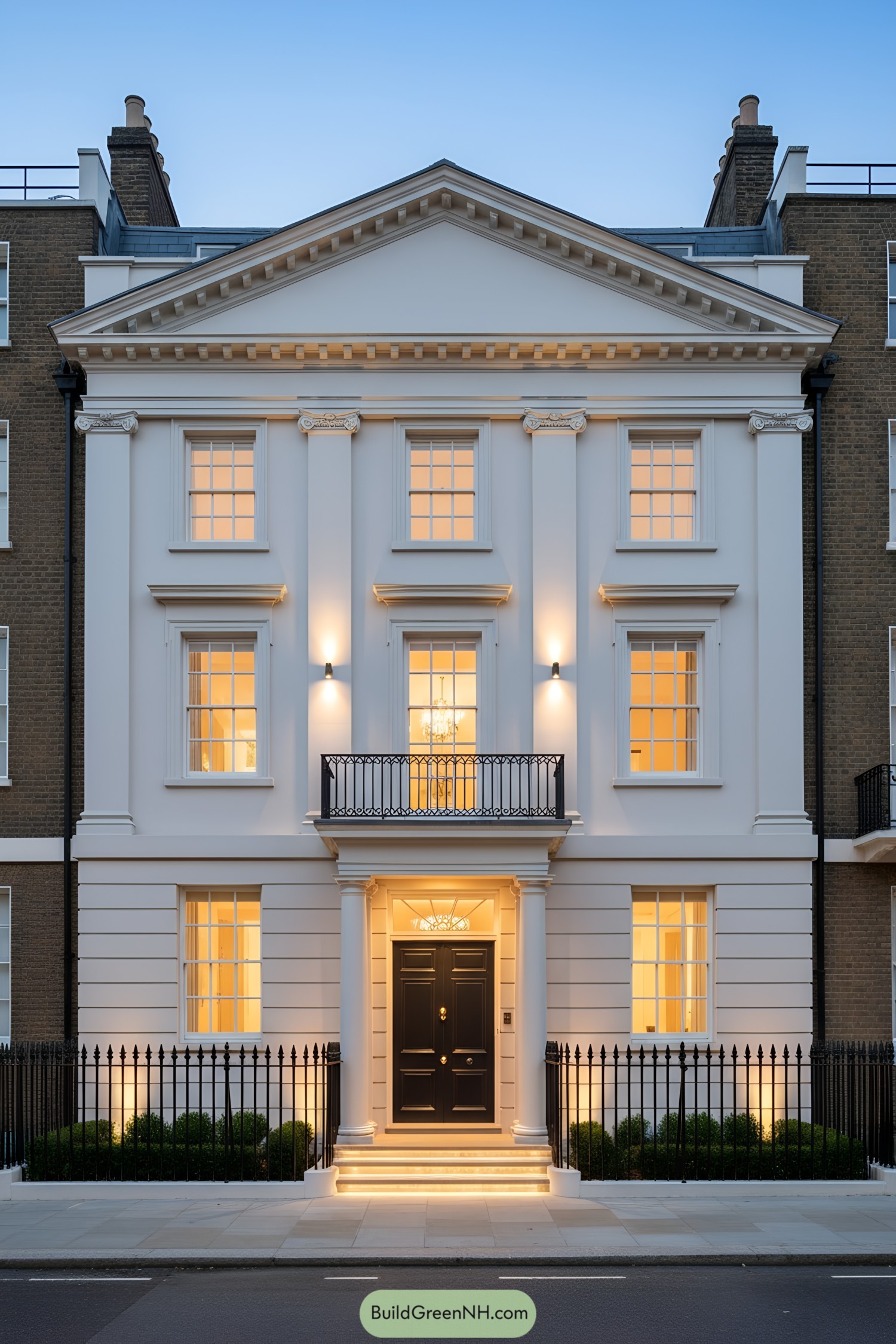White stucco townhouse with pediment and sash windows