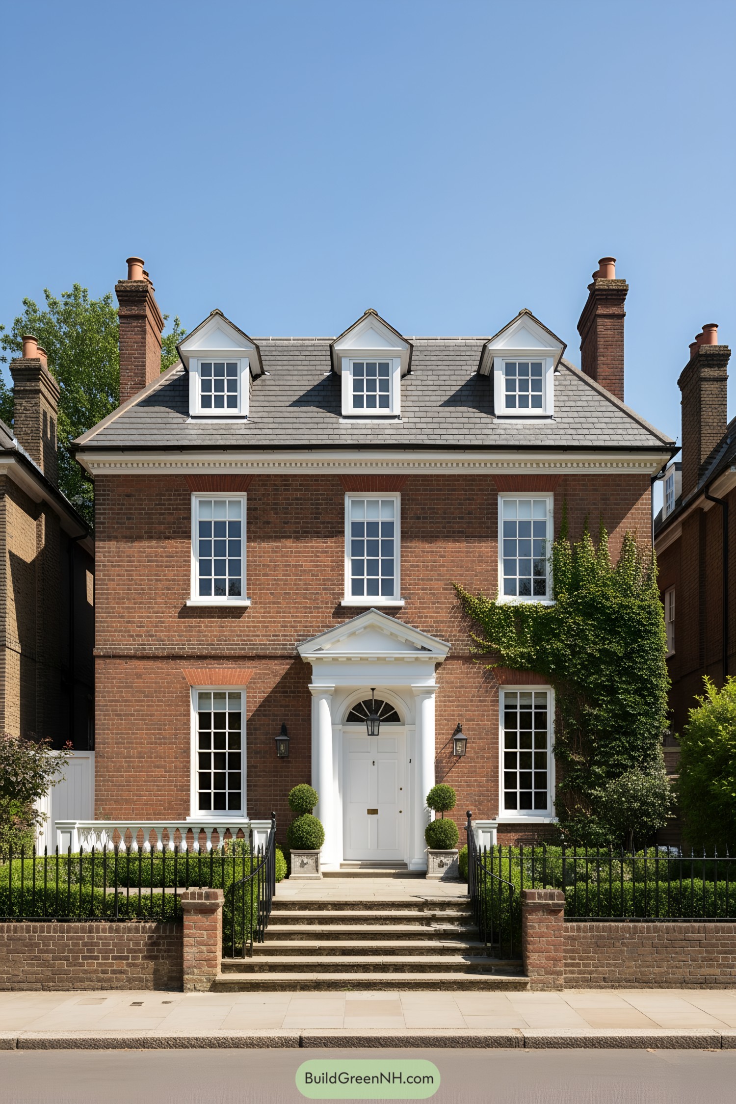 Red-brick townhouse with pedimented entry and dormers