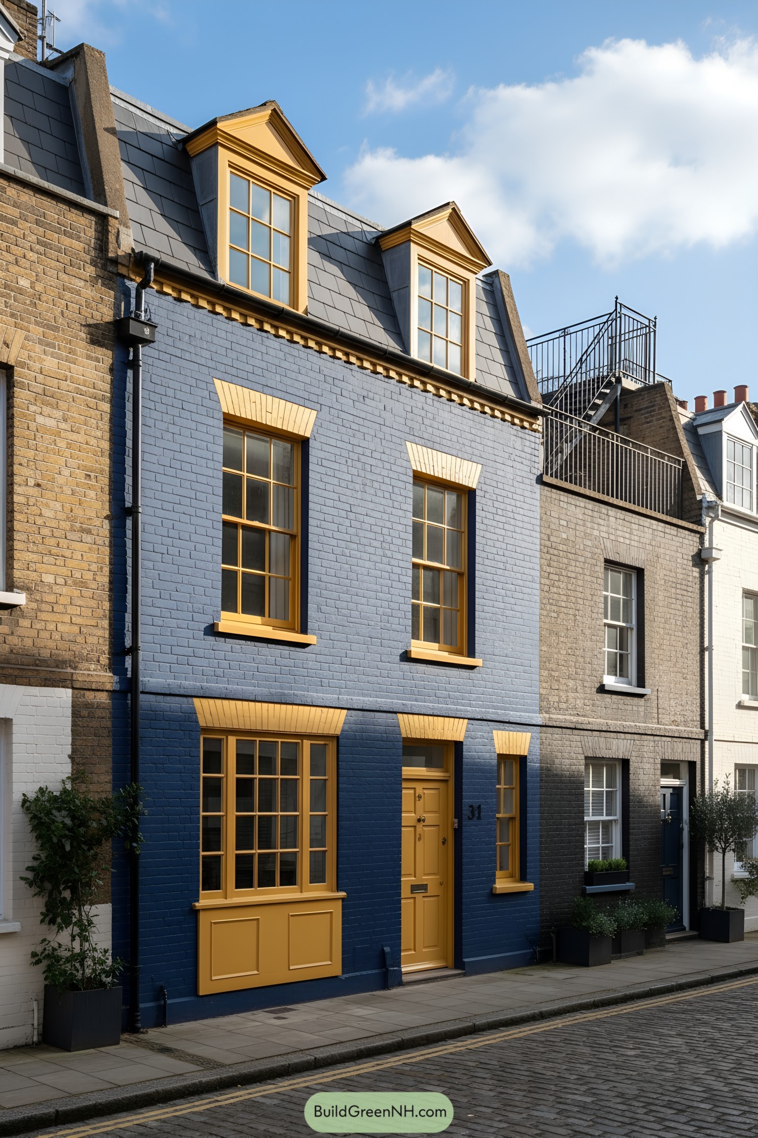 Blue-brick terrace with mustard trim and dormers