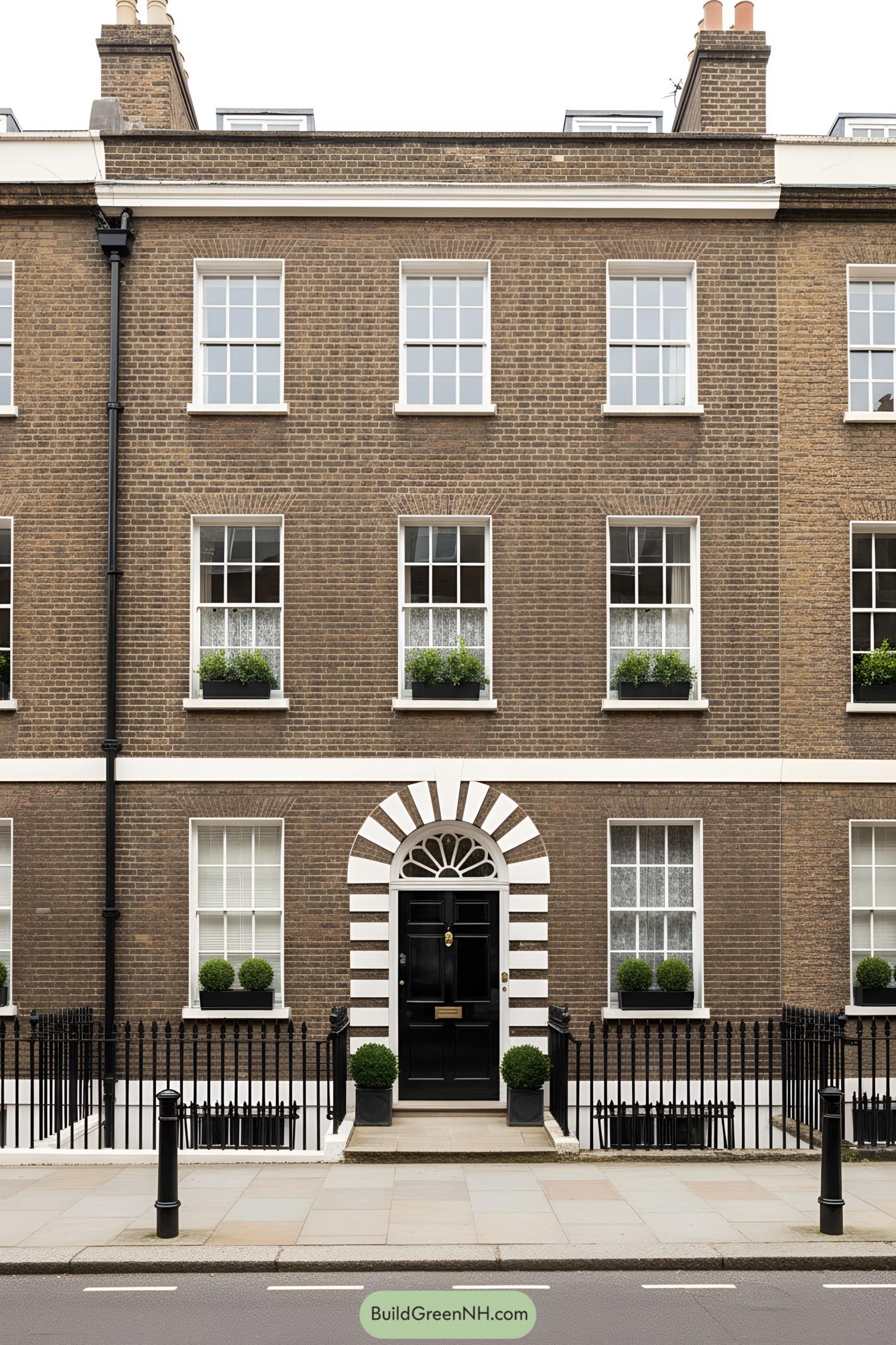 Brown-brick terrace with striped arched doorway and white sash windows