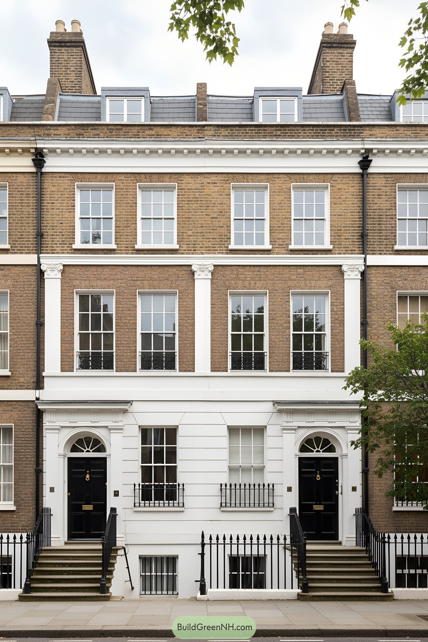 Classic London townhouse facade with tan brick, white stucco base, sash windows, and black railings