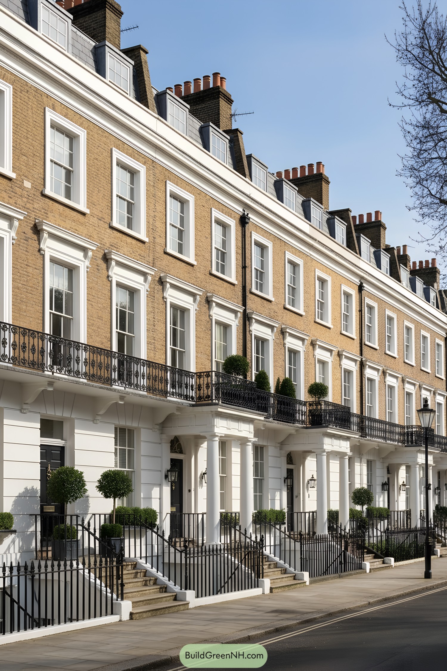 Elegant stucco-and-brick London terrace facade