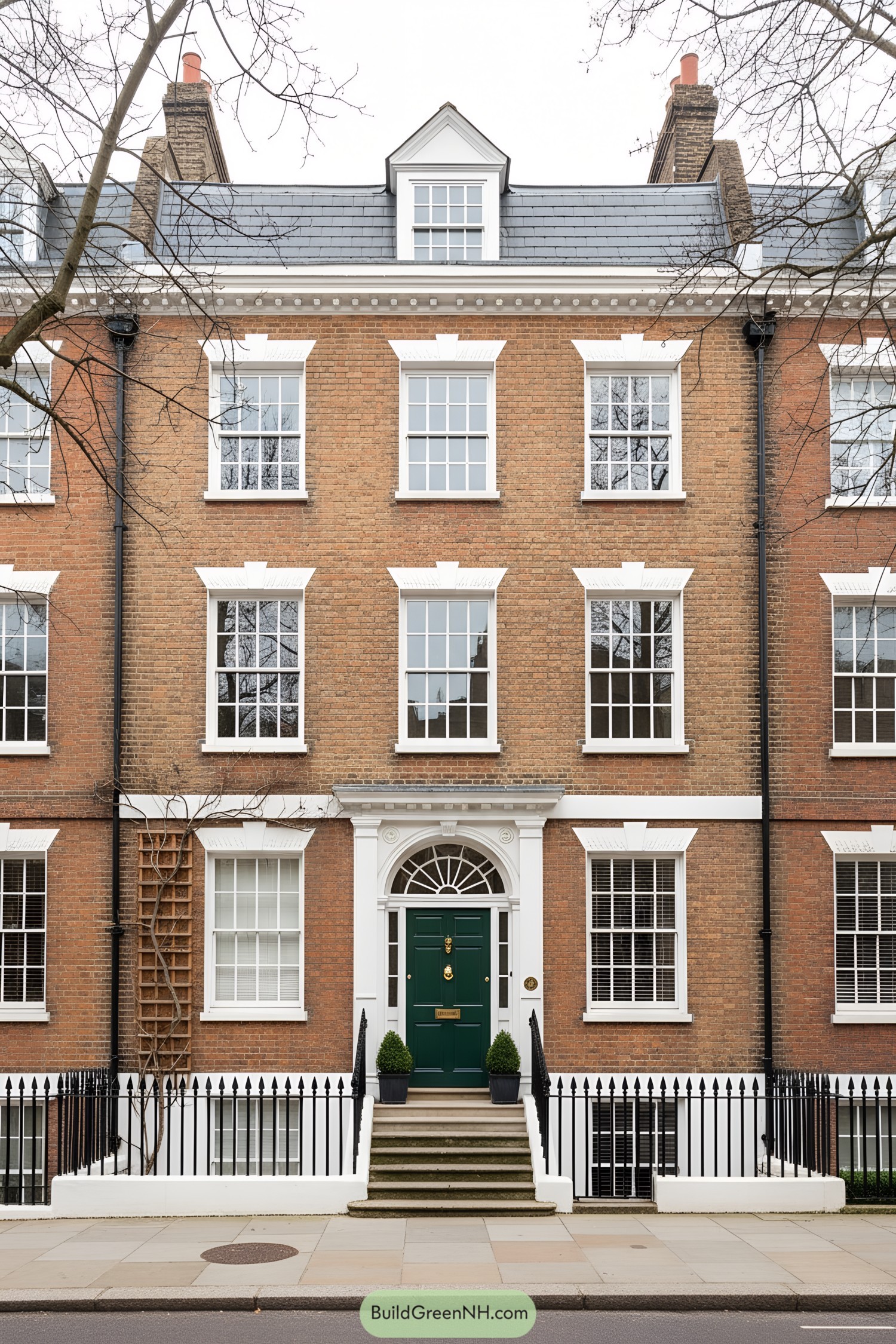 Three-story brick townhouse with white trim and green door
