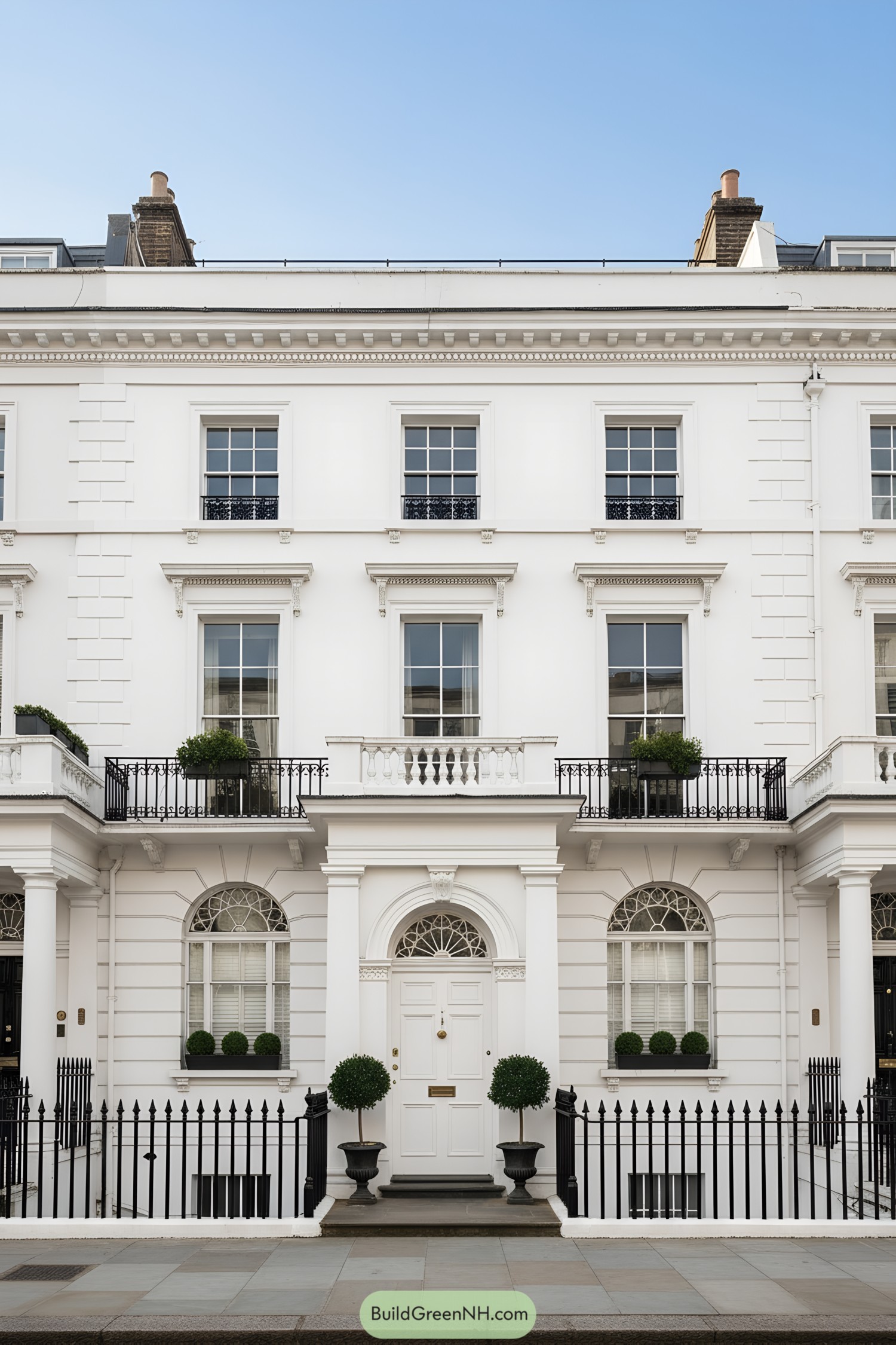 White stucco London townhouse with iron balconies