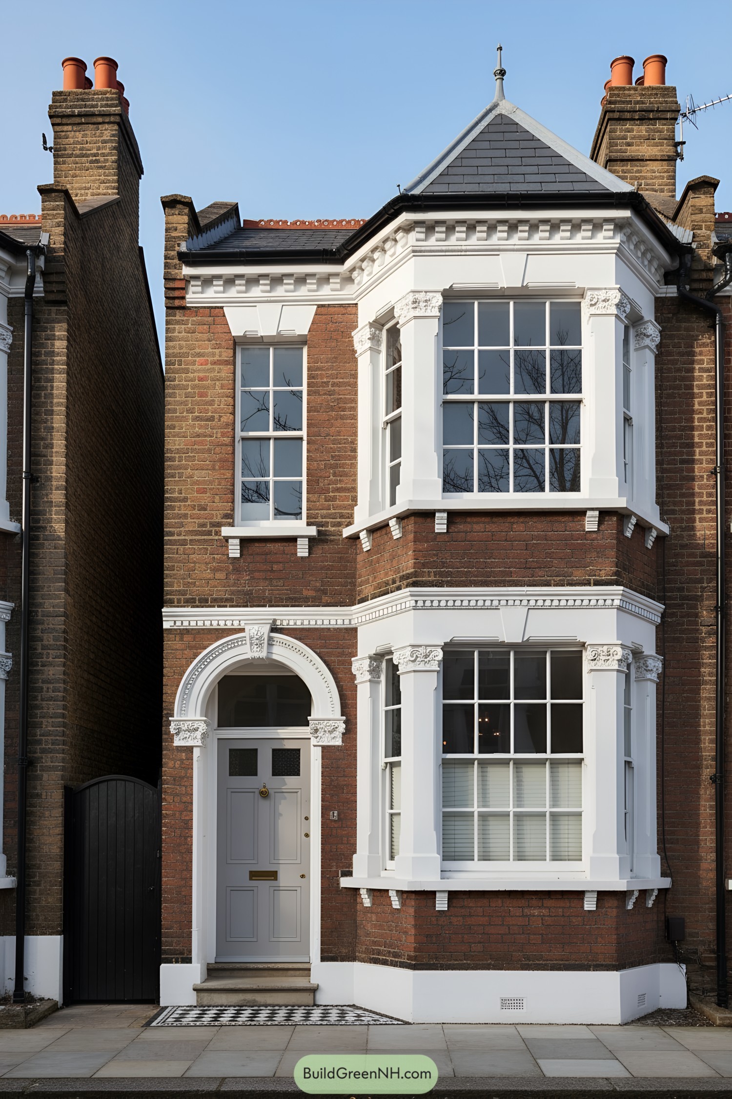 Red-brick London townhouse with white trim and bay window