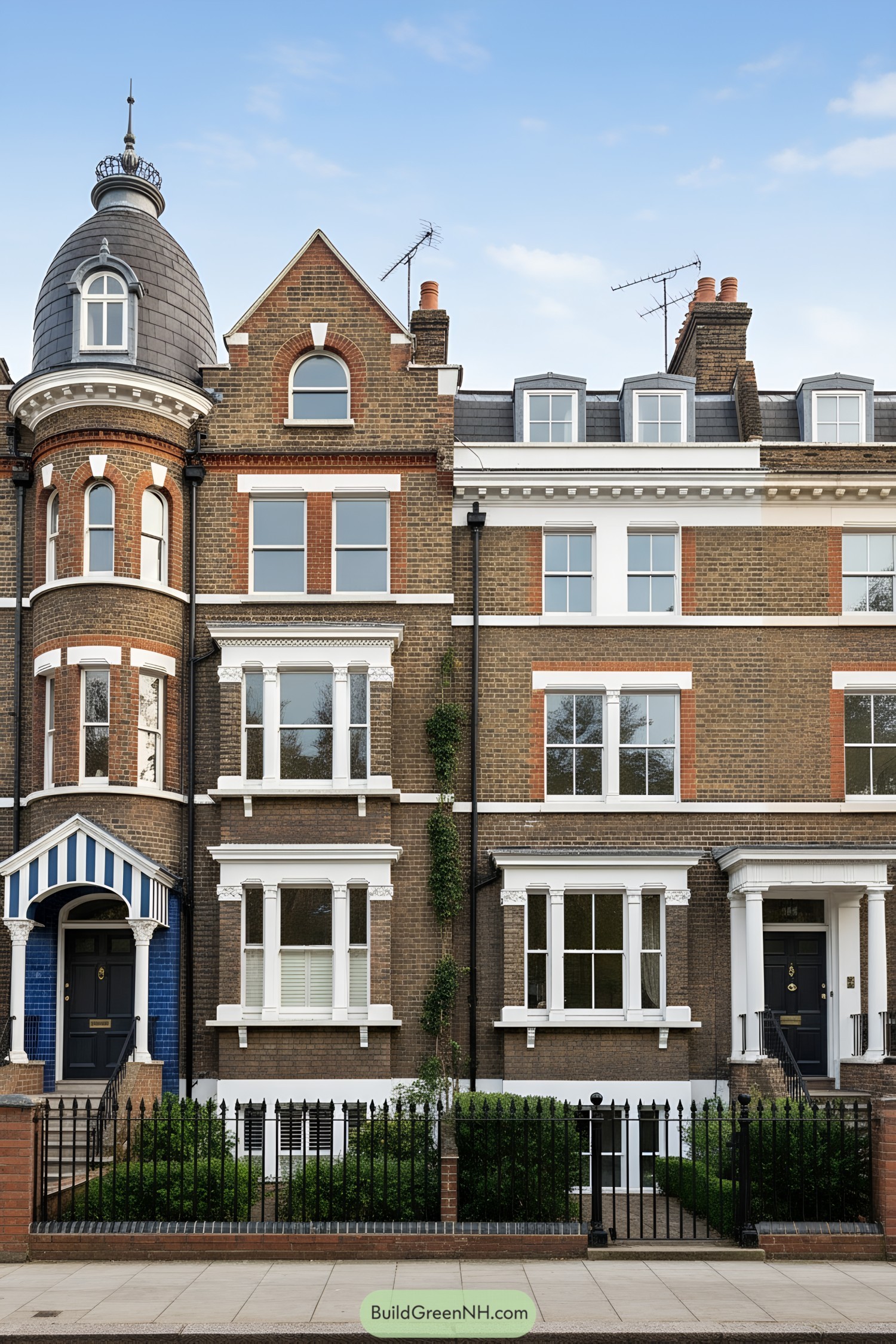 Brown-brick London terrace with dome tower