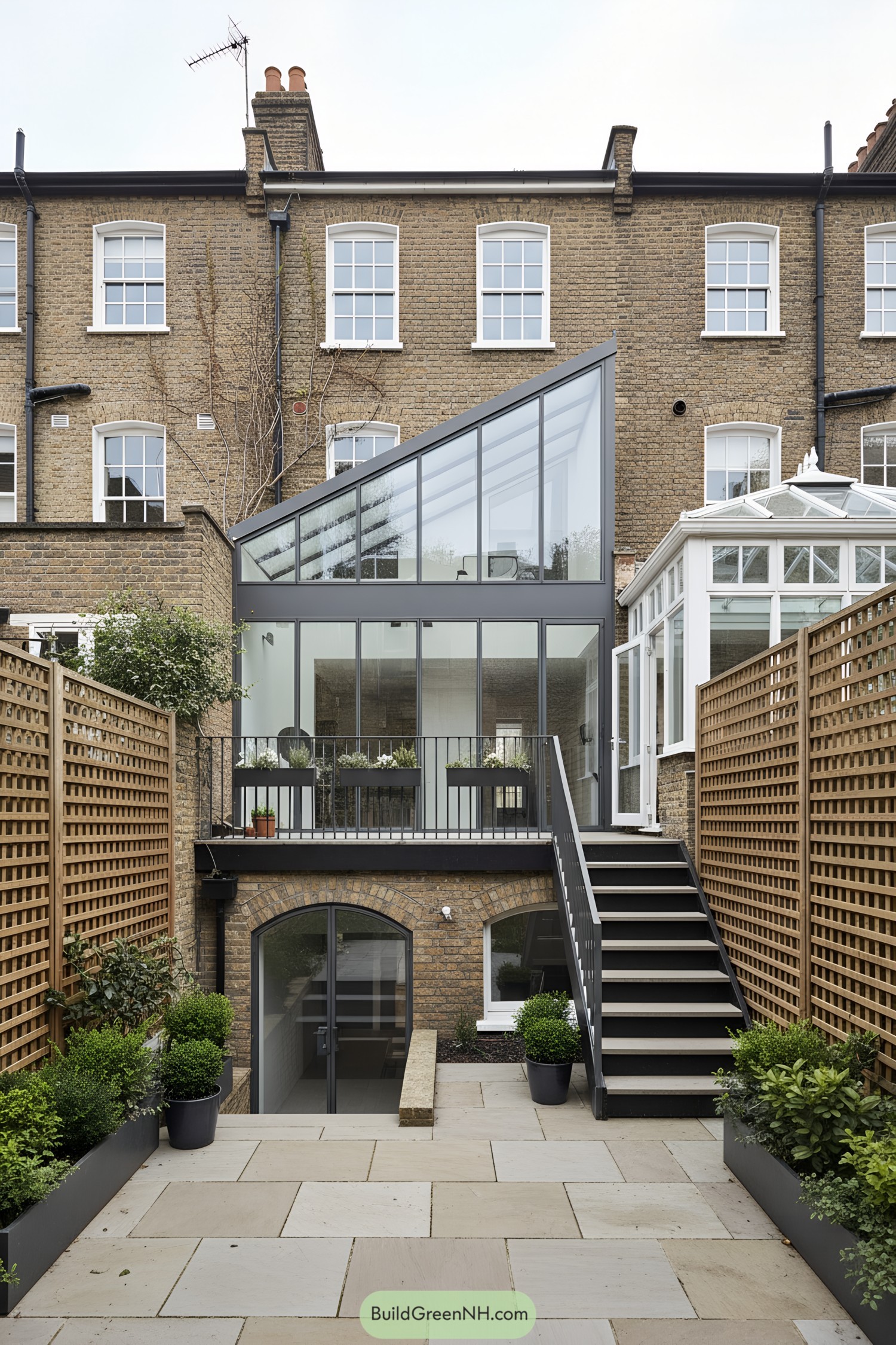 Modern glass extension on brick townhouse rear