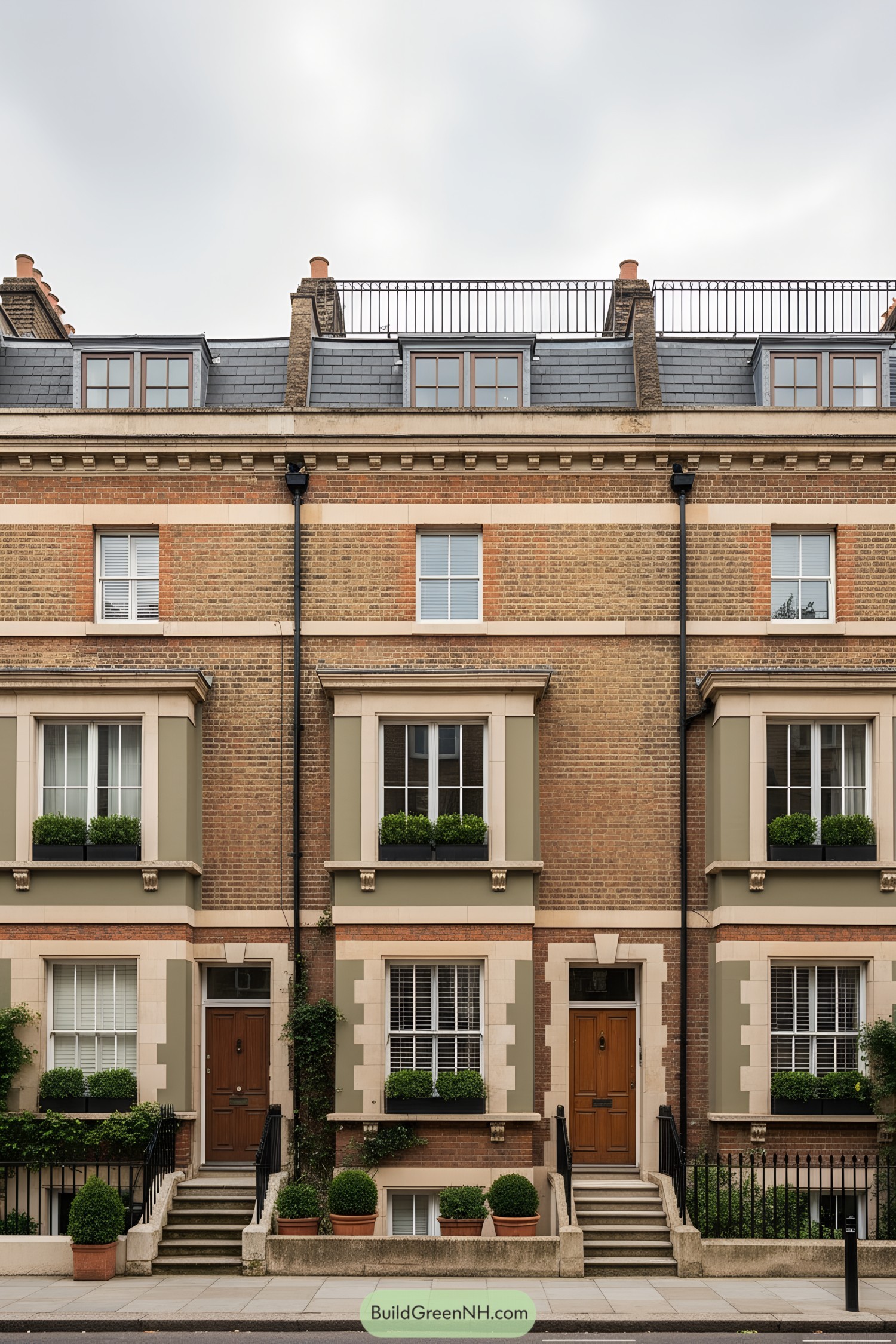 London brick terrace with olive trim, sash windows, and slate mansard roof