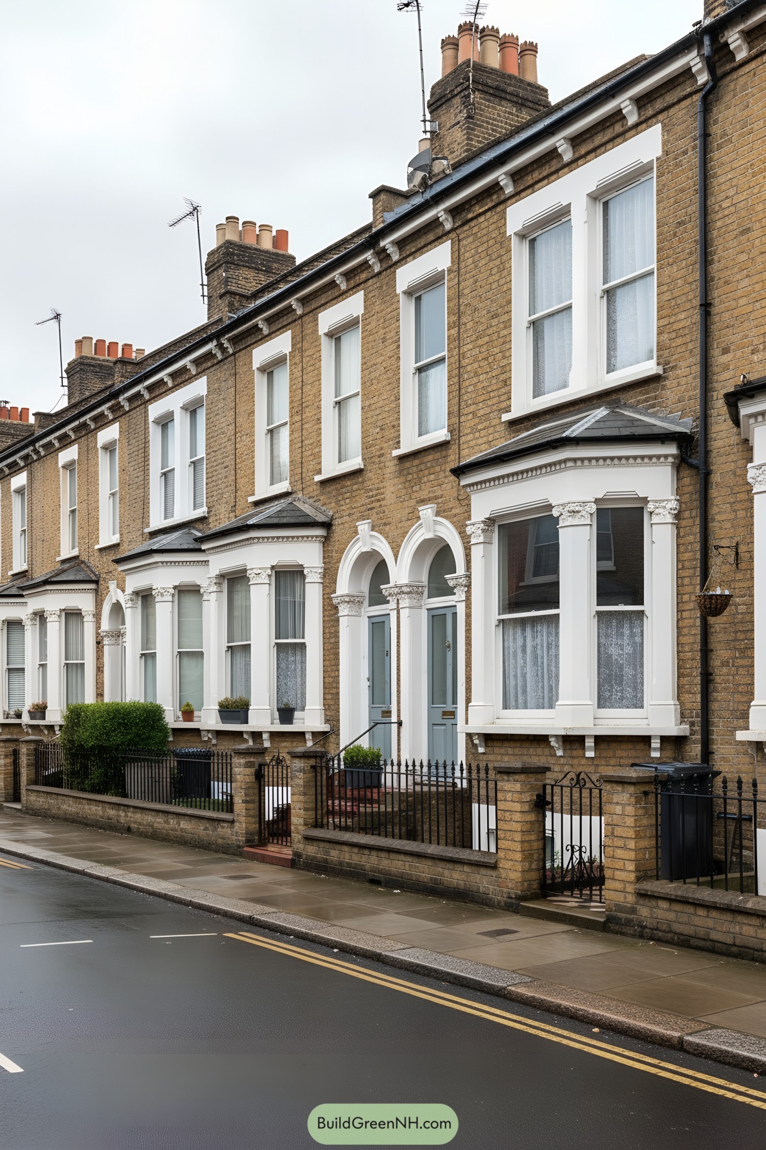 Row of London brick townhouses with white trim and arched doorways