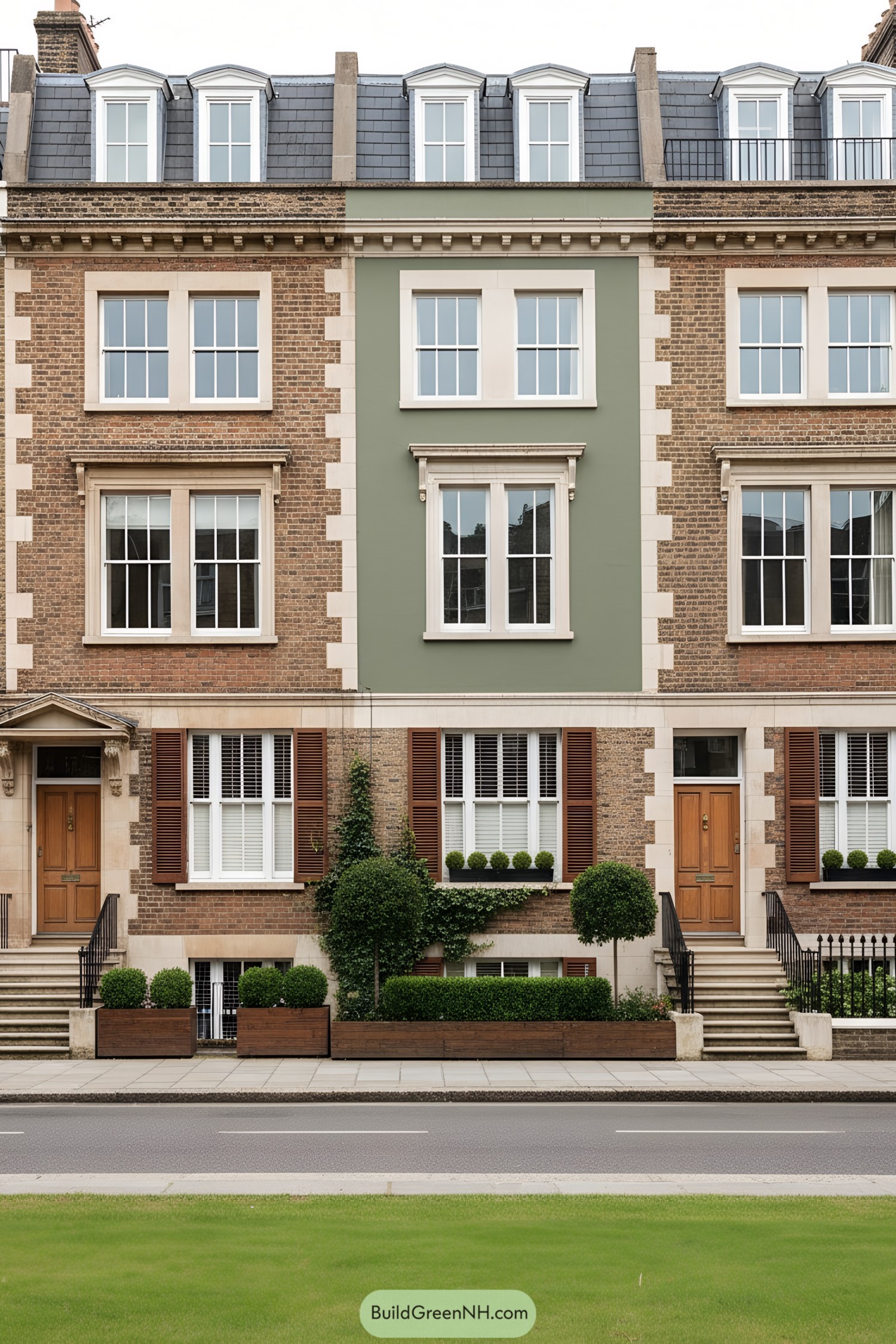 London townhouse facade with green stucco and brick