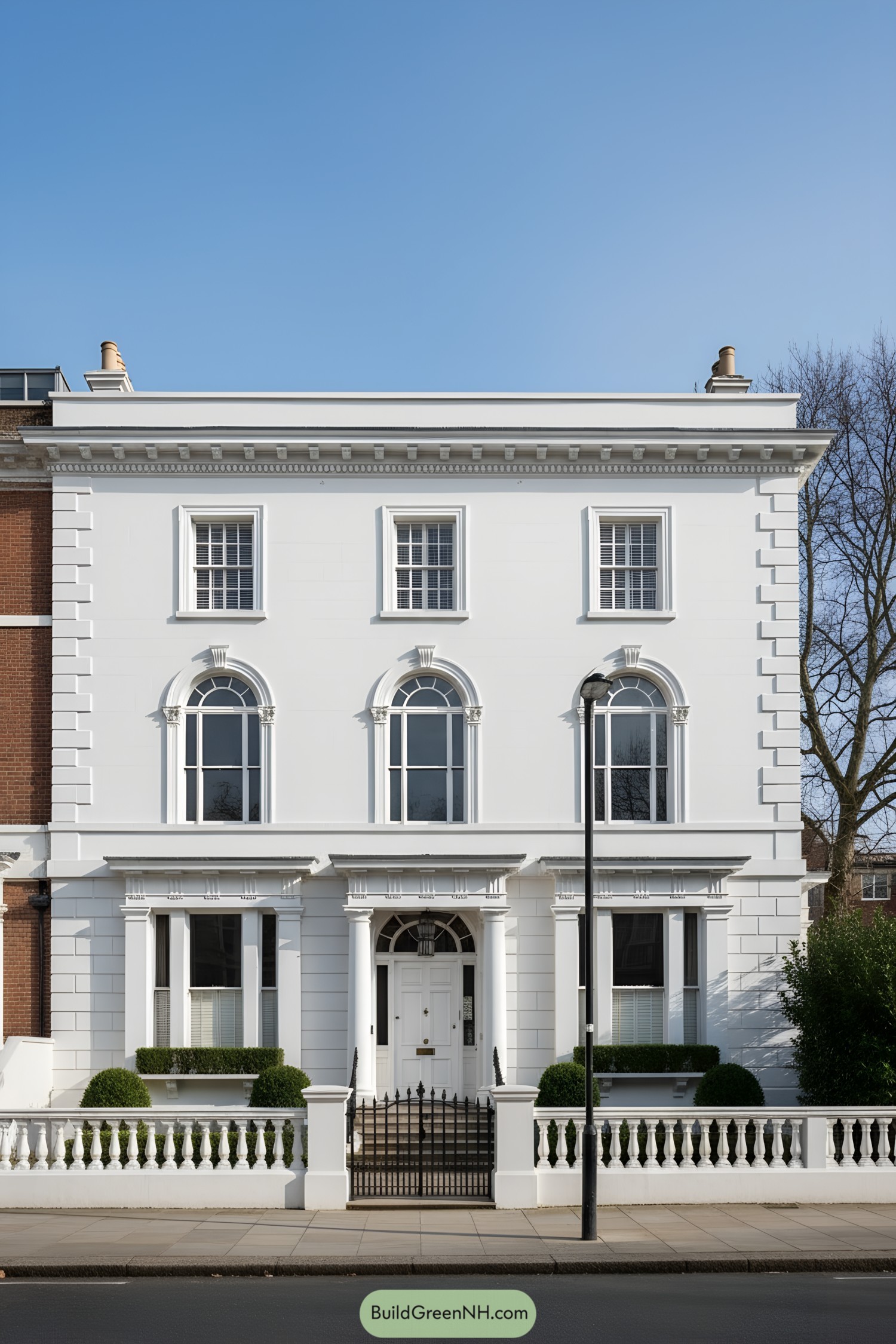 White stucco townhouse with arched windows and columned entry