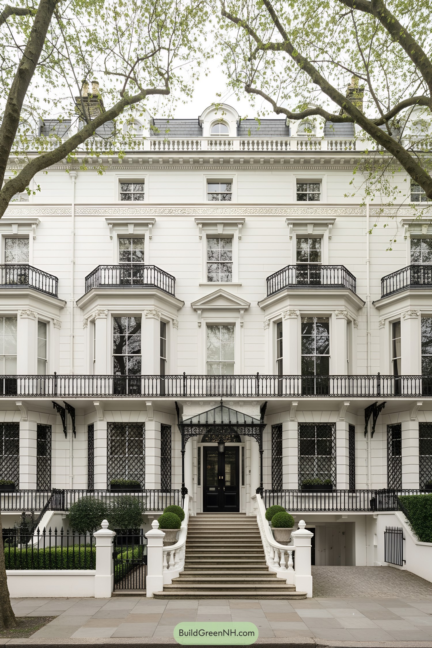 Grand white stucco townhouse with black ironwork and central stair
