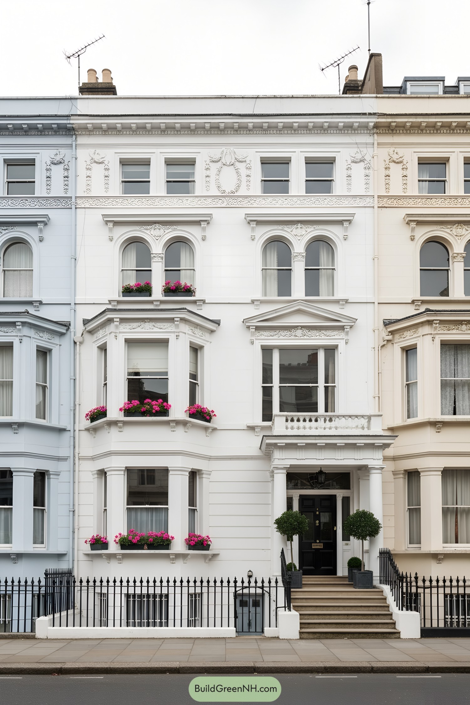 White stucco London townhouse with arched windows, bay, and black door framed by columns