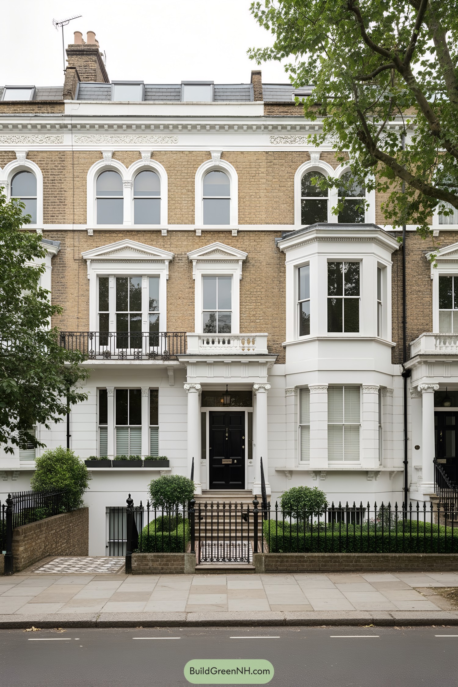 Elegant London terrace with bay window, brick and white detailing, black door, and iron railings