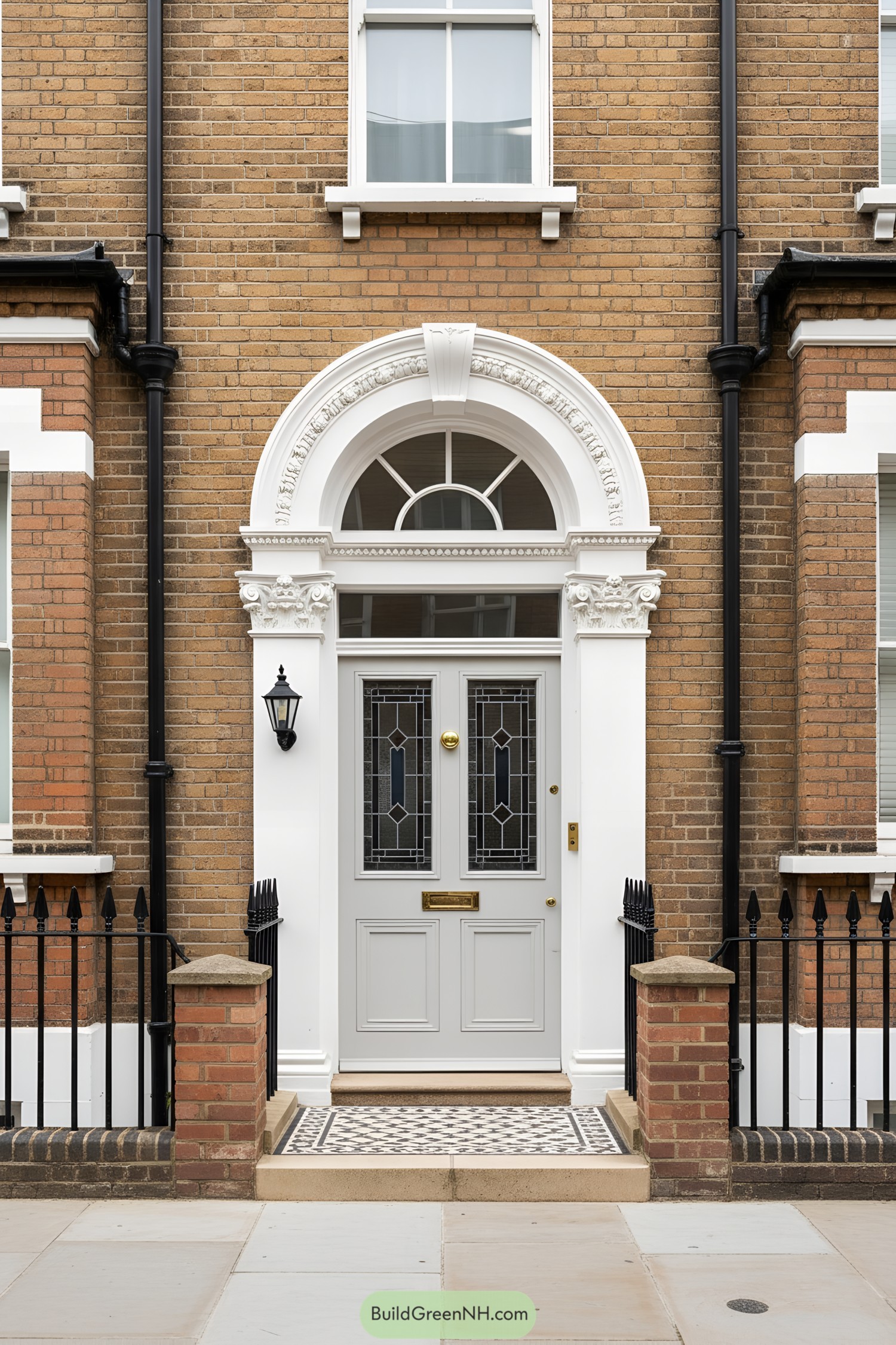 Palladian doorway with grey double doors and arched fanlight