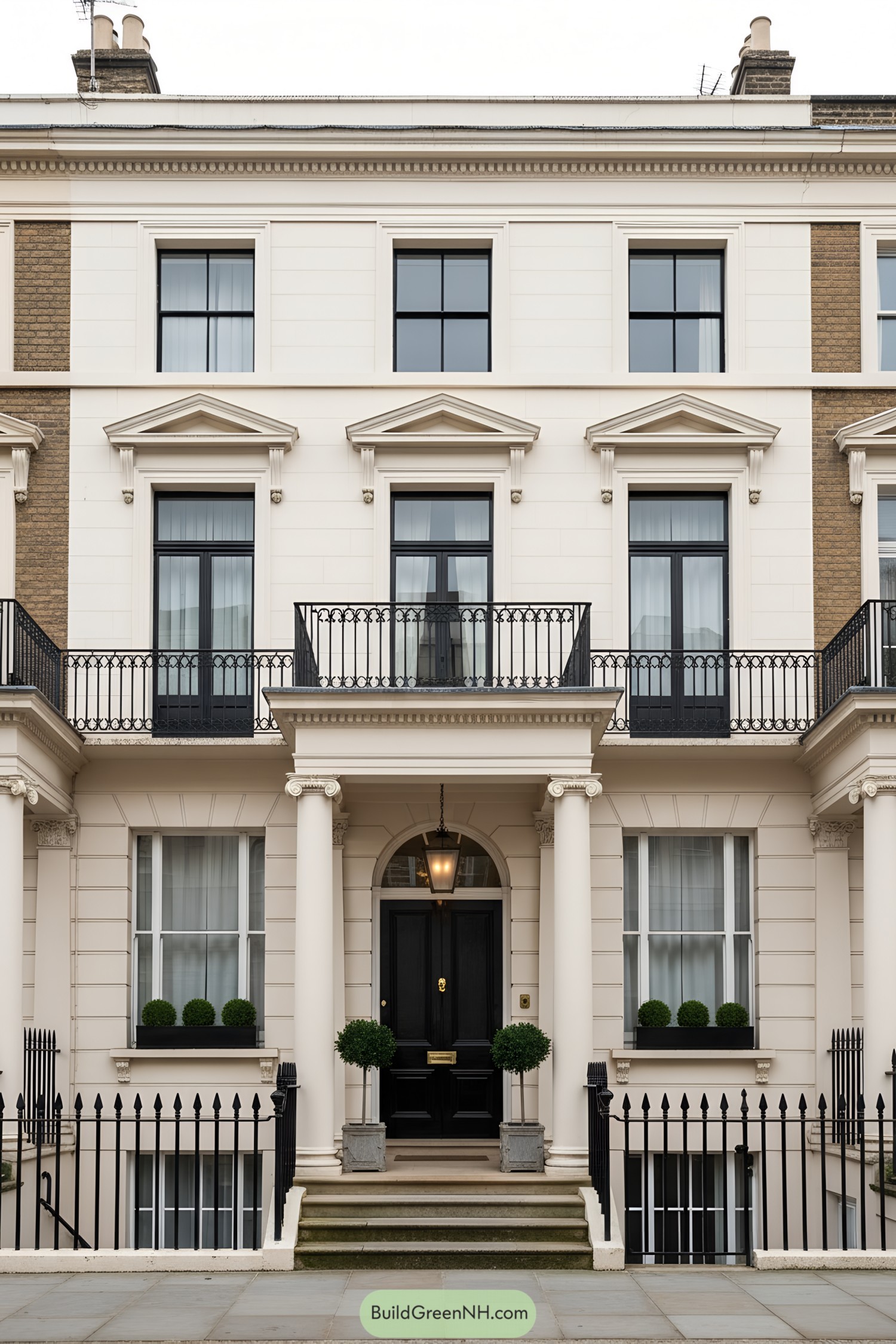 Cream stucco townhouse with black door, railings, and columned portico