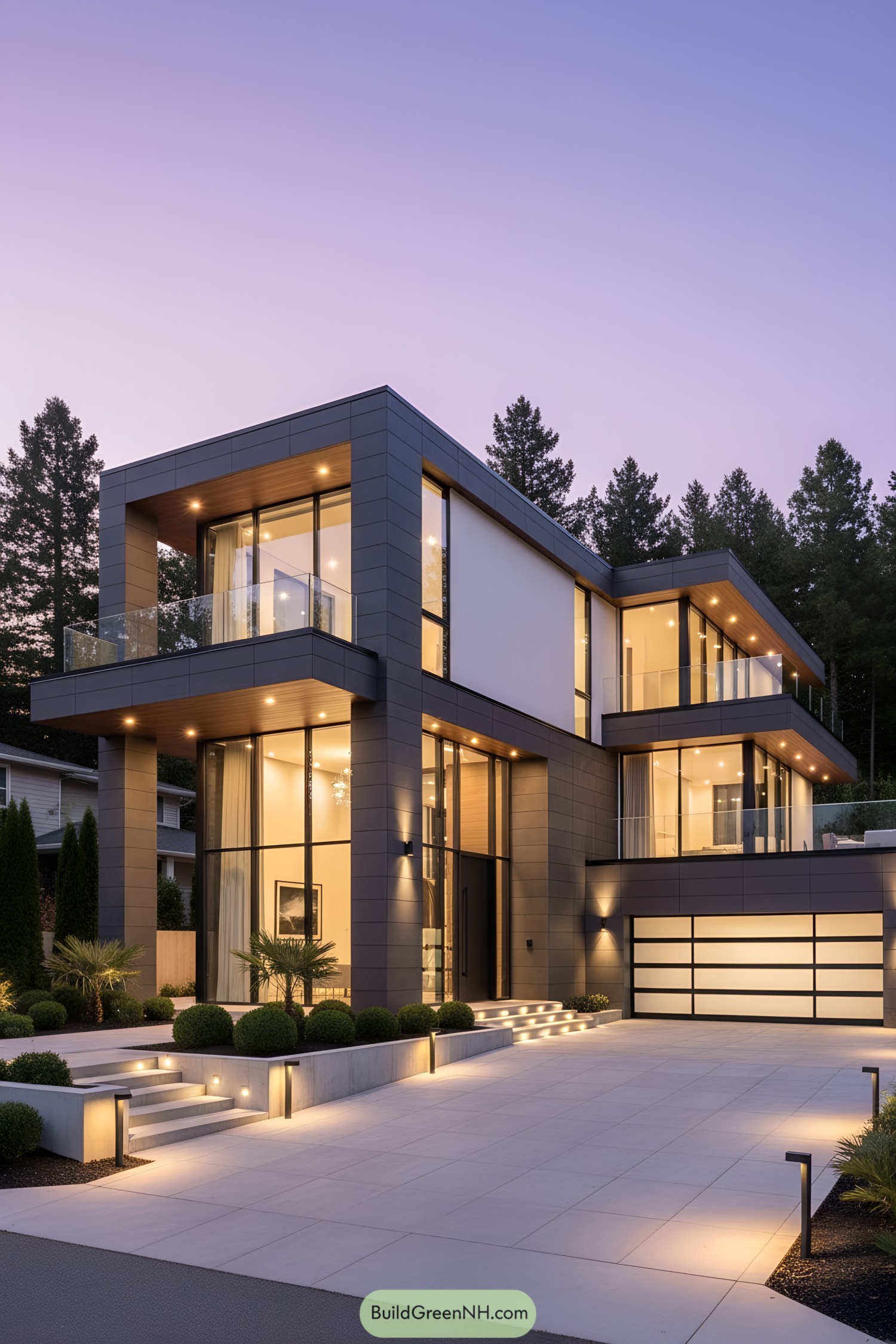 Two-story glass-and-stone modern house at dusk