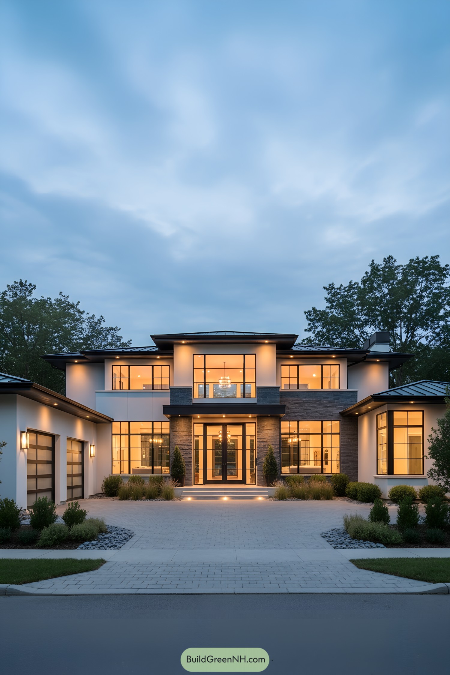 Two-story modern home with wide black-framed windows, warm interior lighting, and a centered entry flanked by stone accents and low landscaping