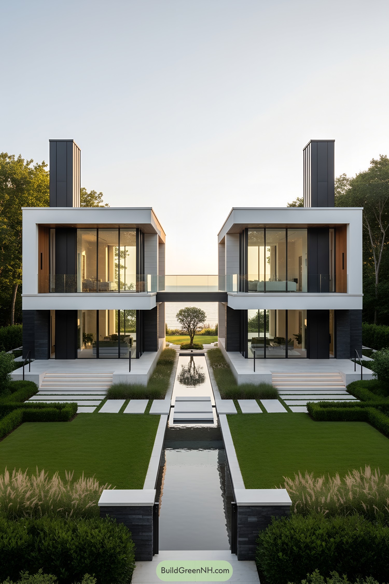 Modern twin pavilions bridged above reflecting pool