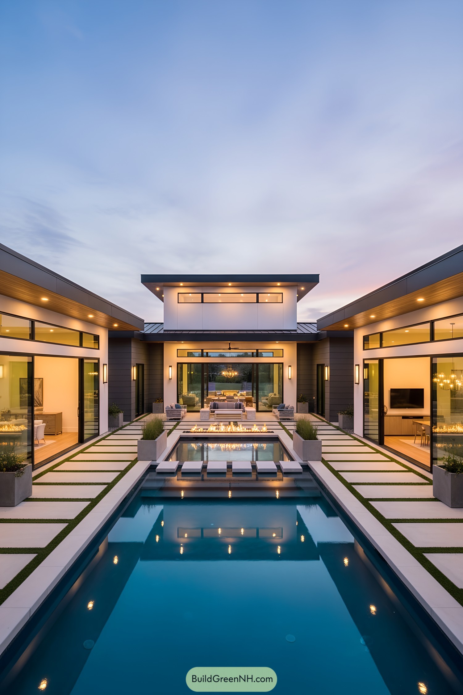 Modern courtyard home with pool, fire feature, and glass-lined pavilions