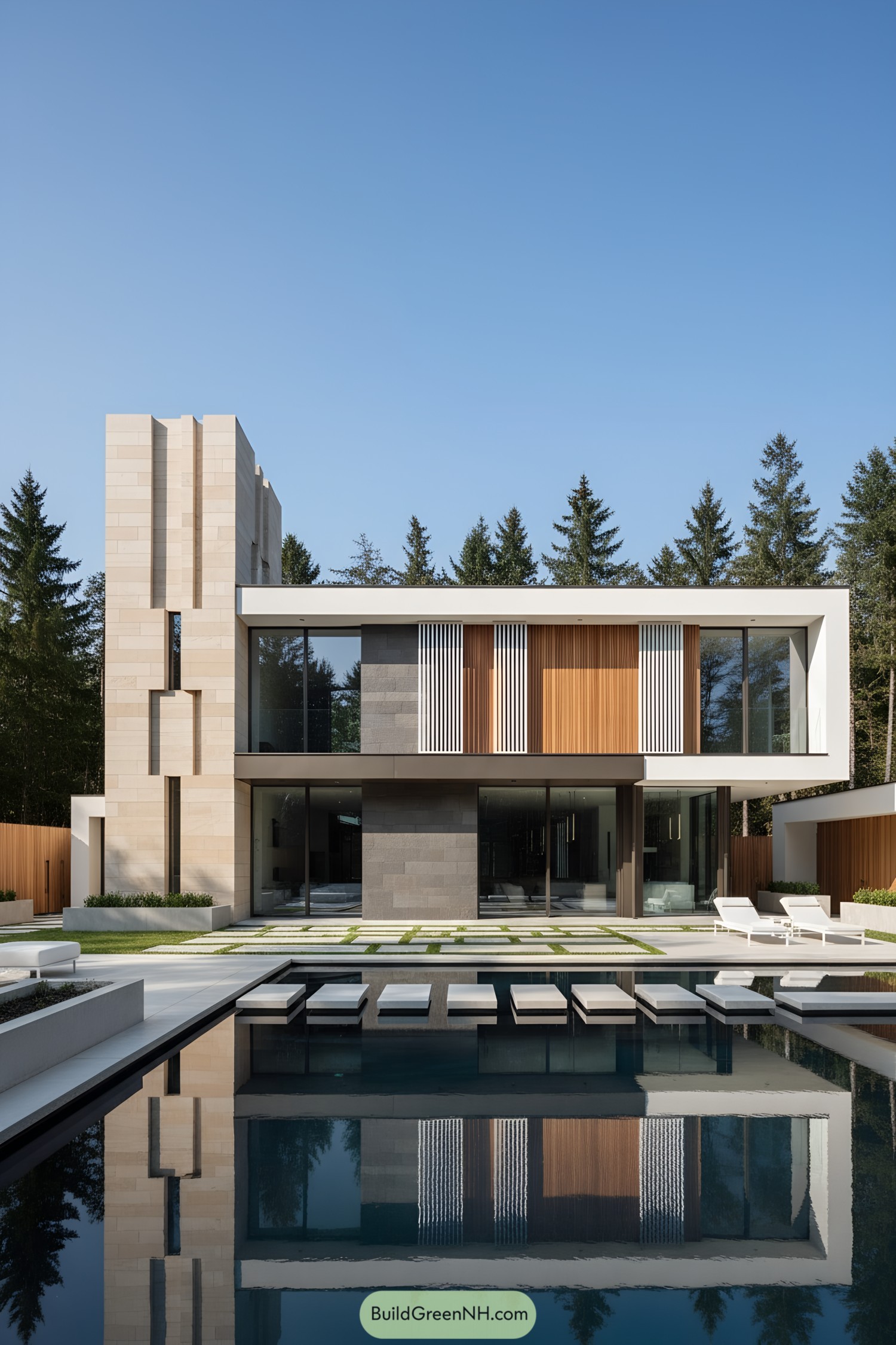 Modern villa with tower and reflecting pool